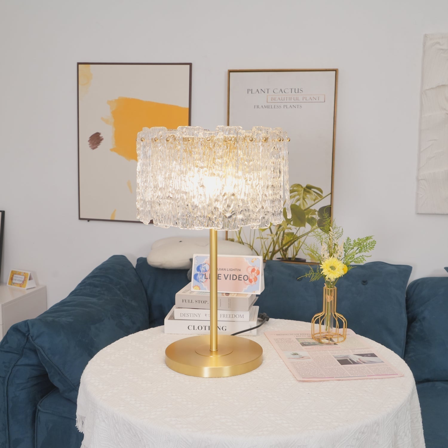 Crystal Table Lamp with Metal Stem and Round Base