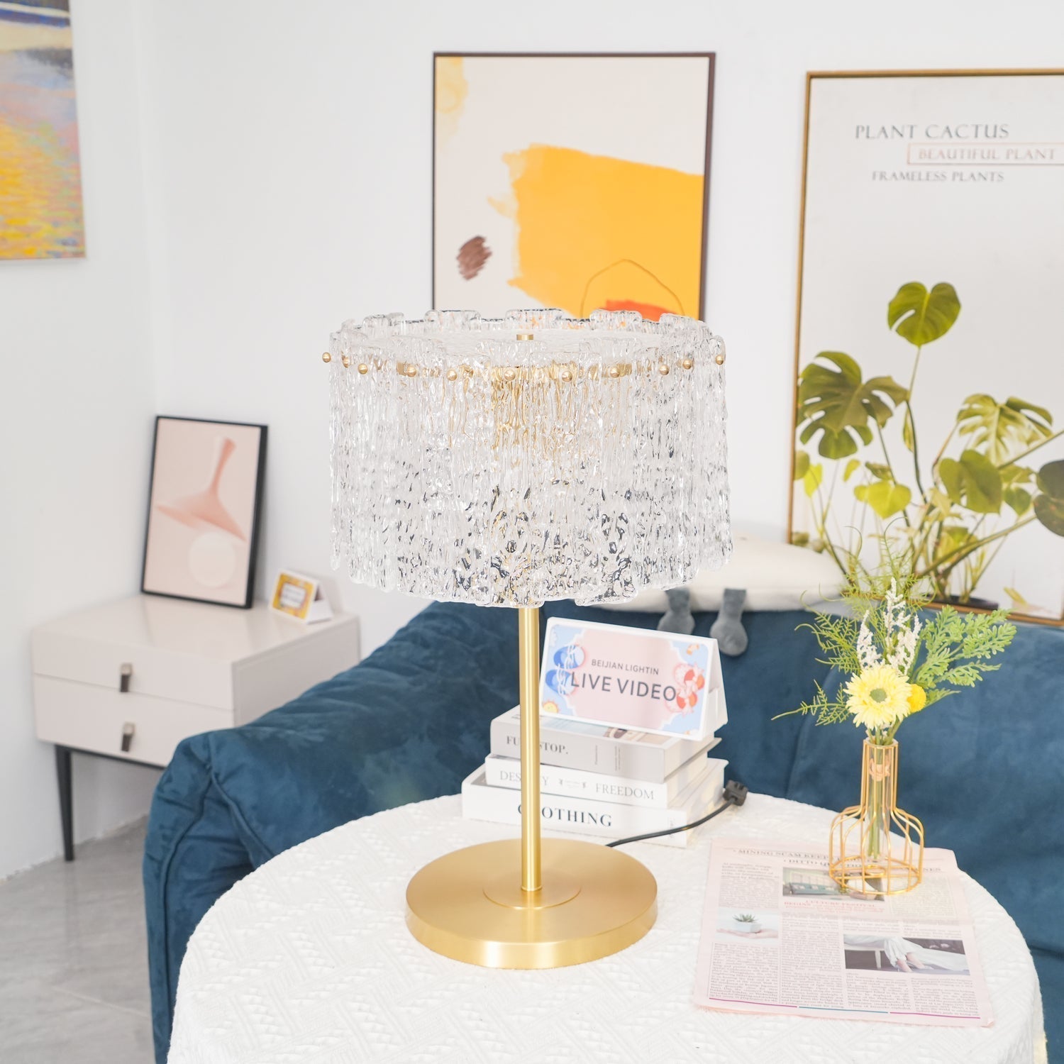 Crystal Table Lamp with Metal Stem and Round Base