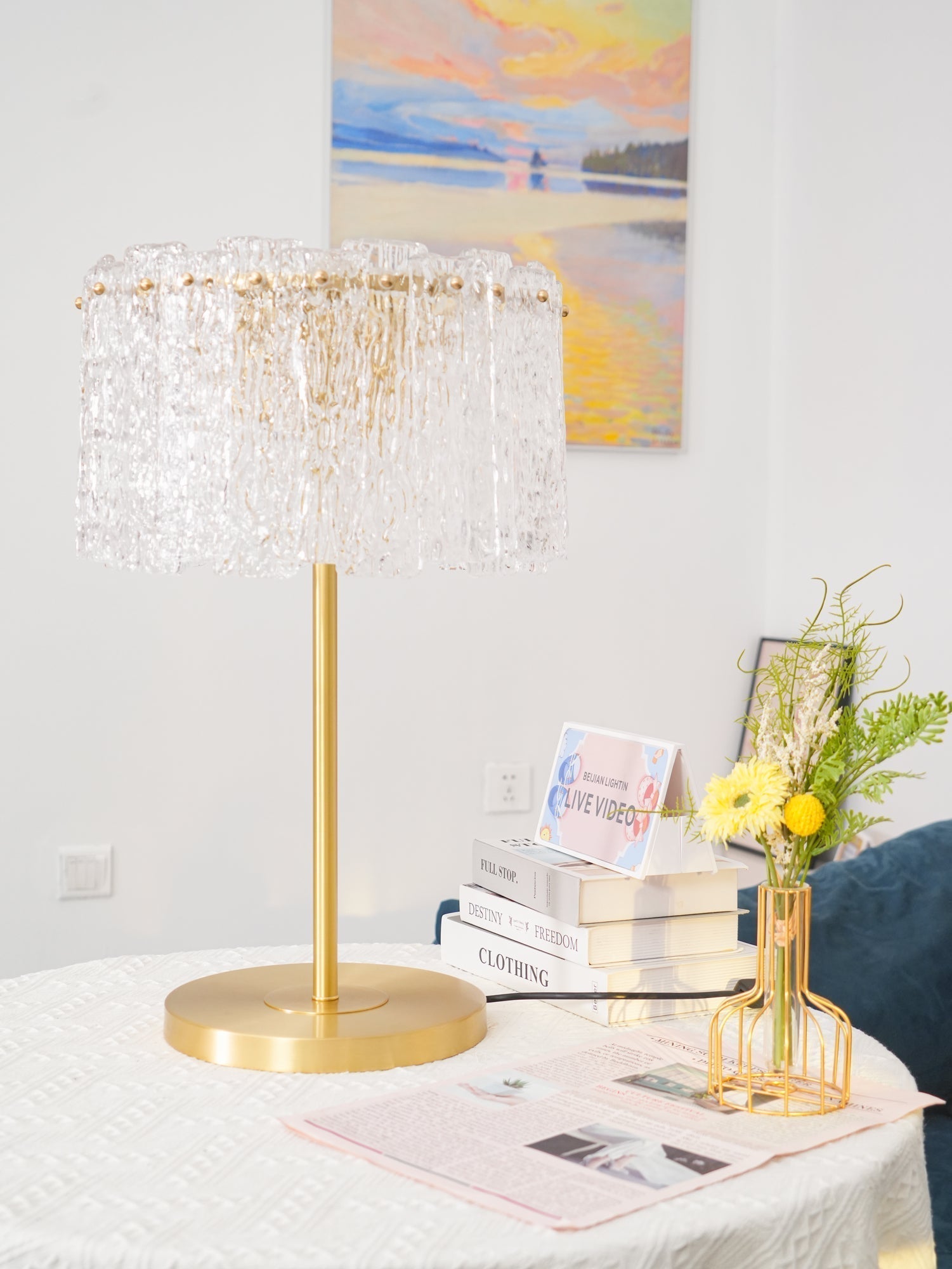 Crystal Table Lamp with Metal Stem and Round Base