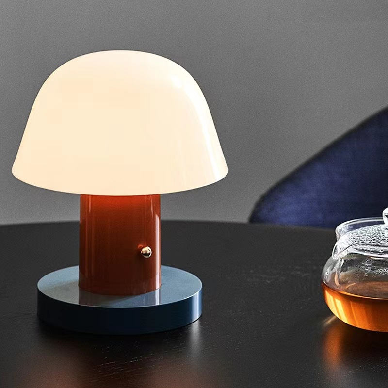Glass-Look Mushroom Table Lamp with Cylindrical Metal Base