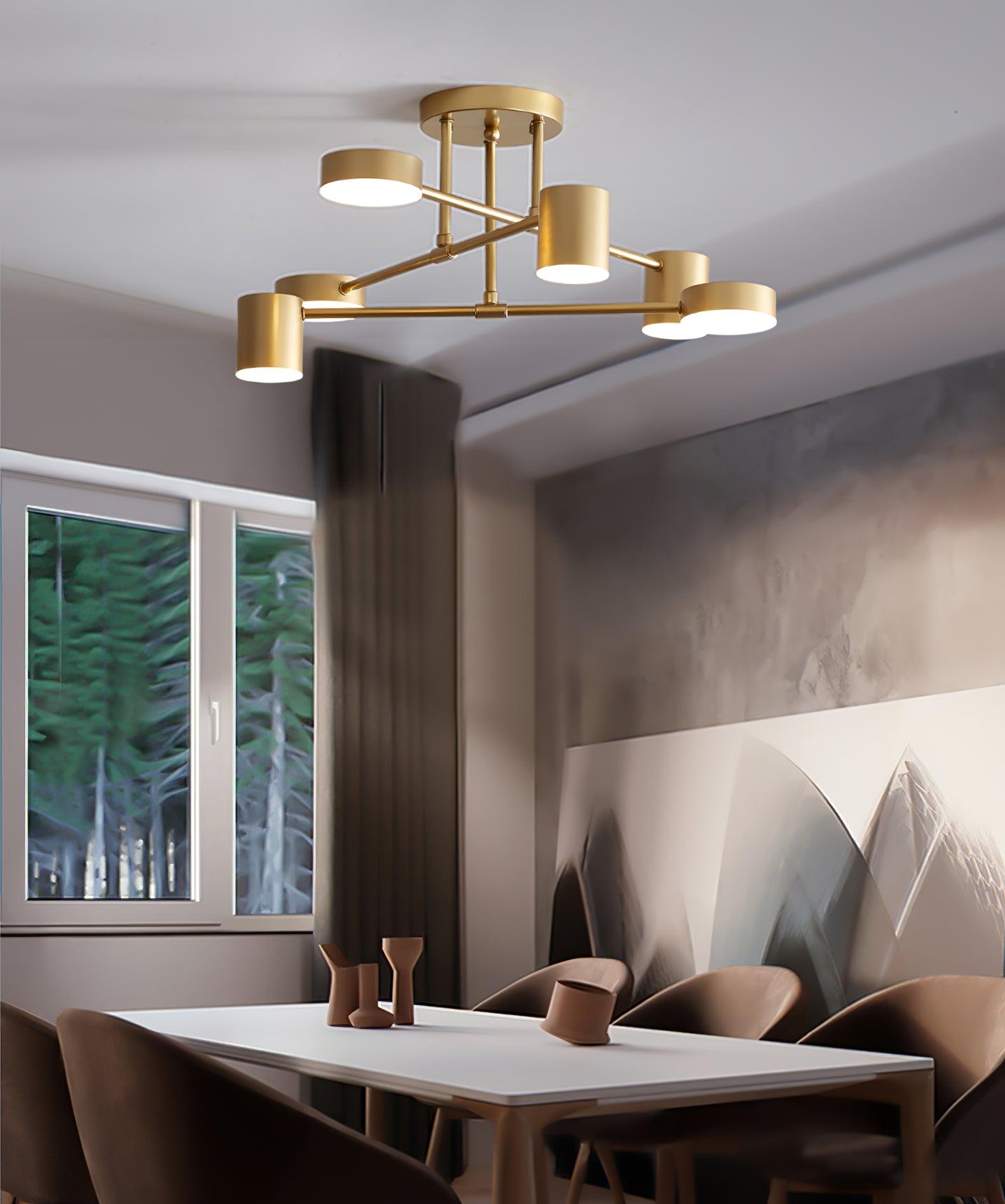 Six Light Ceiling Fixture with Brass Finish and Cylindrical Shades