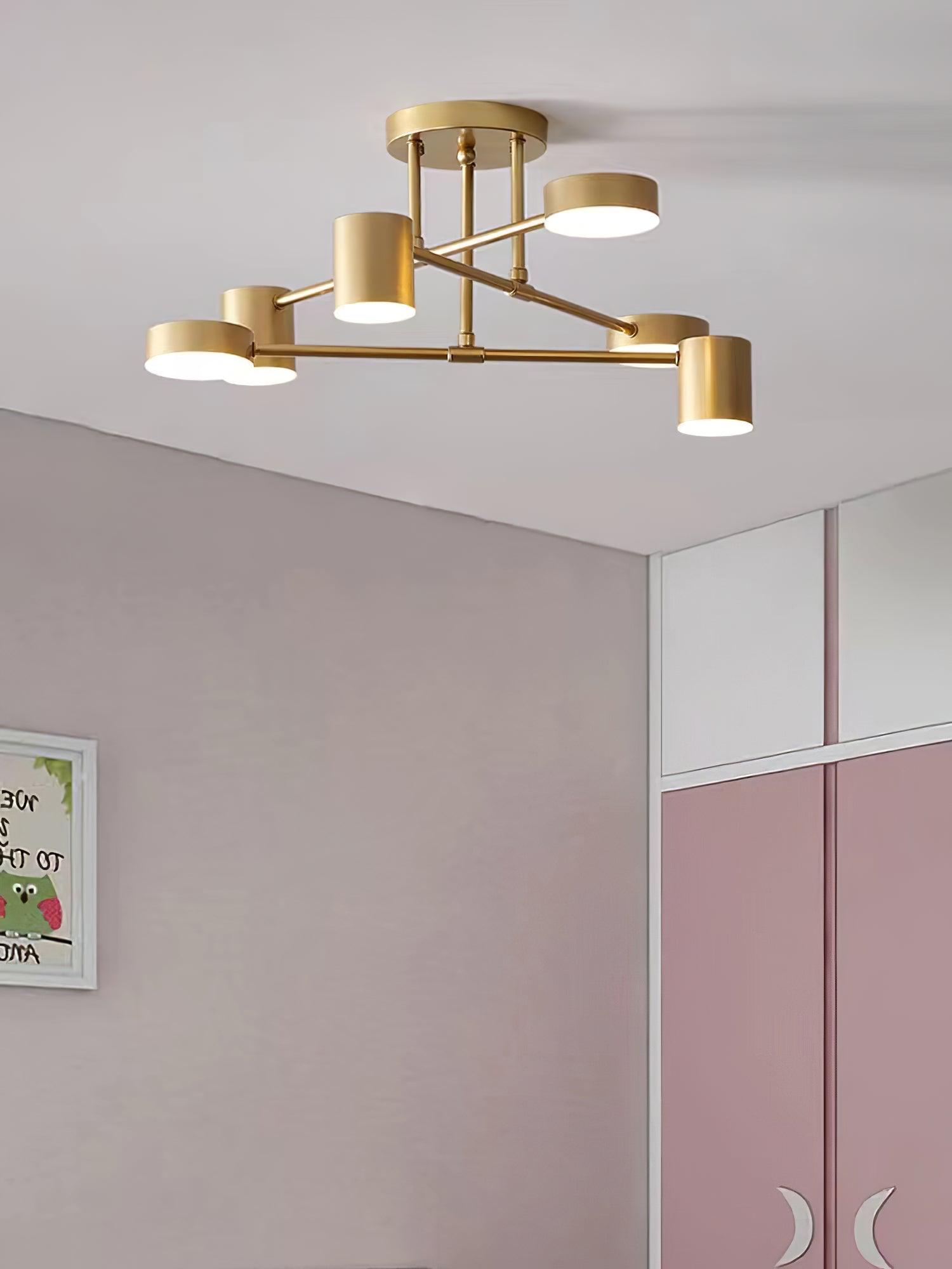 Six Light Ceiling Fixture with Brass Finish and Cylindrical Shades