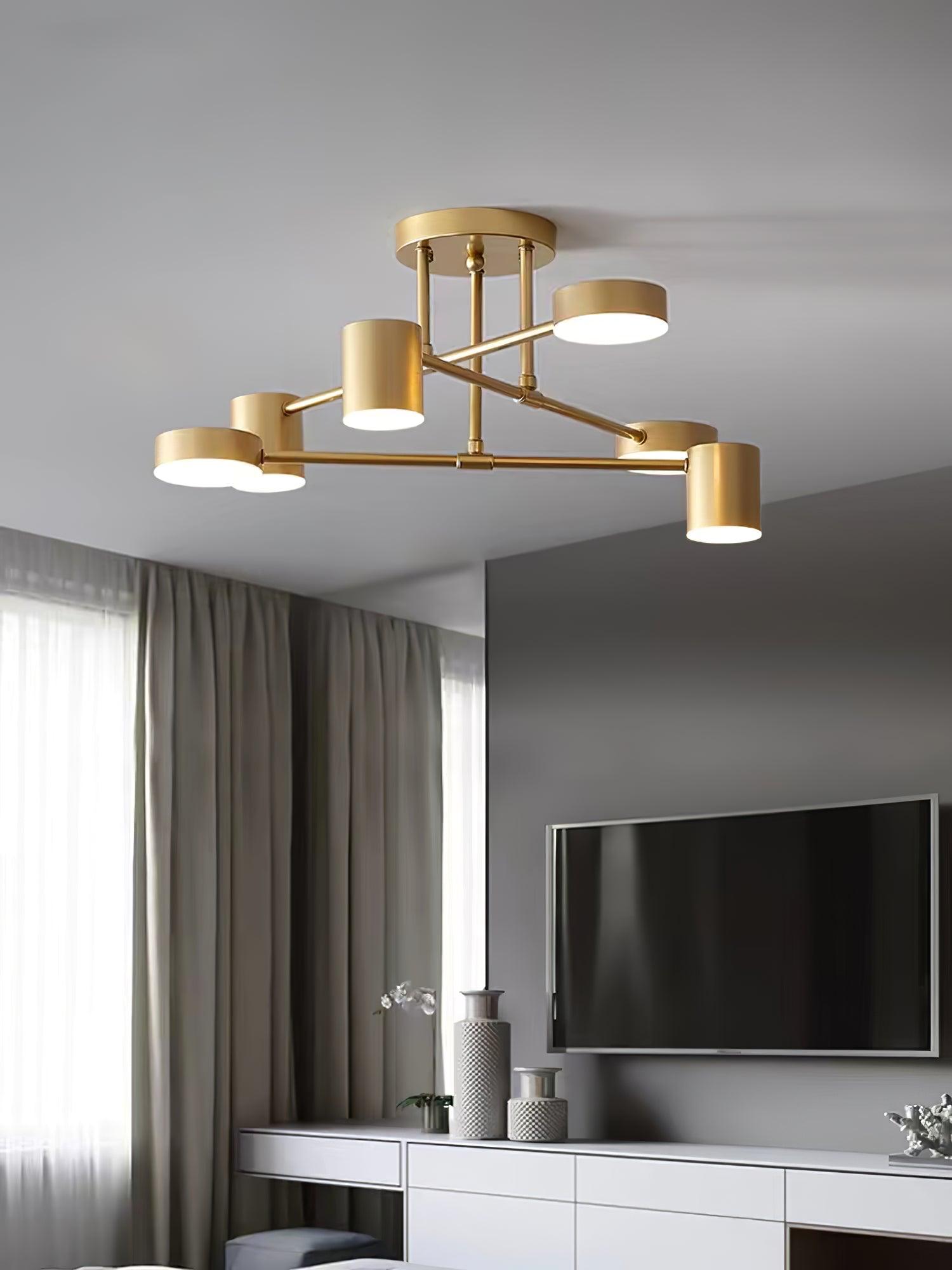 Six Light Ceiling Fixture with Brass Finish and Cylindrical Shades
