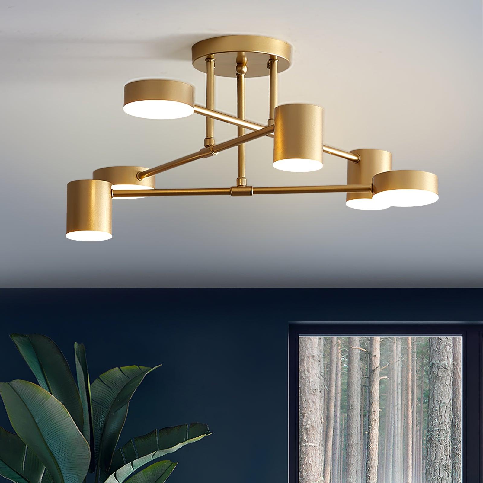 Six Light Ceiling Fixture with Brass Finish and Cylindrical Shades
