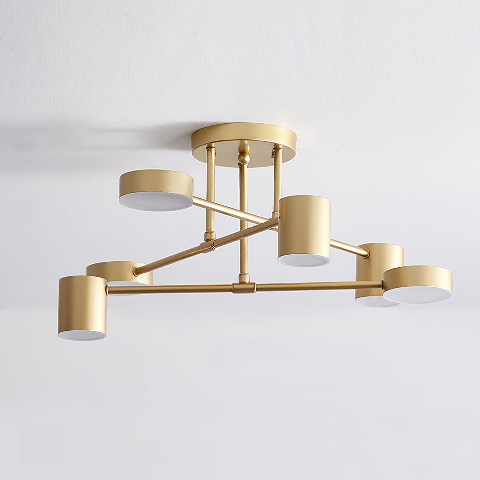 Six Light Ceiling Fixture with Brass Finish and Cylindrical Shades