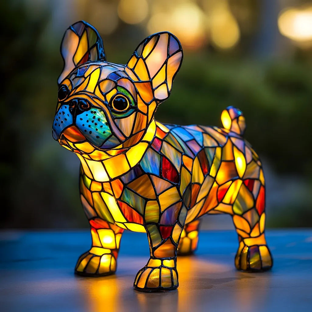 Stained glass look dog table lamp with multicolour mosaic