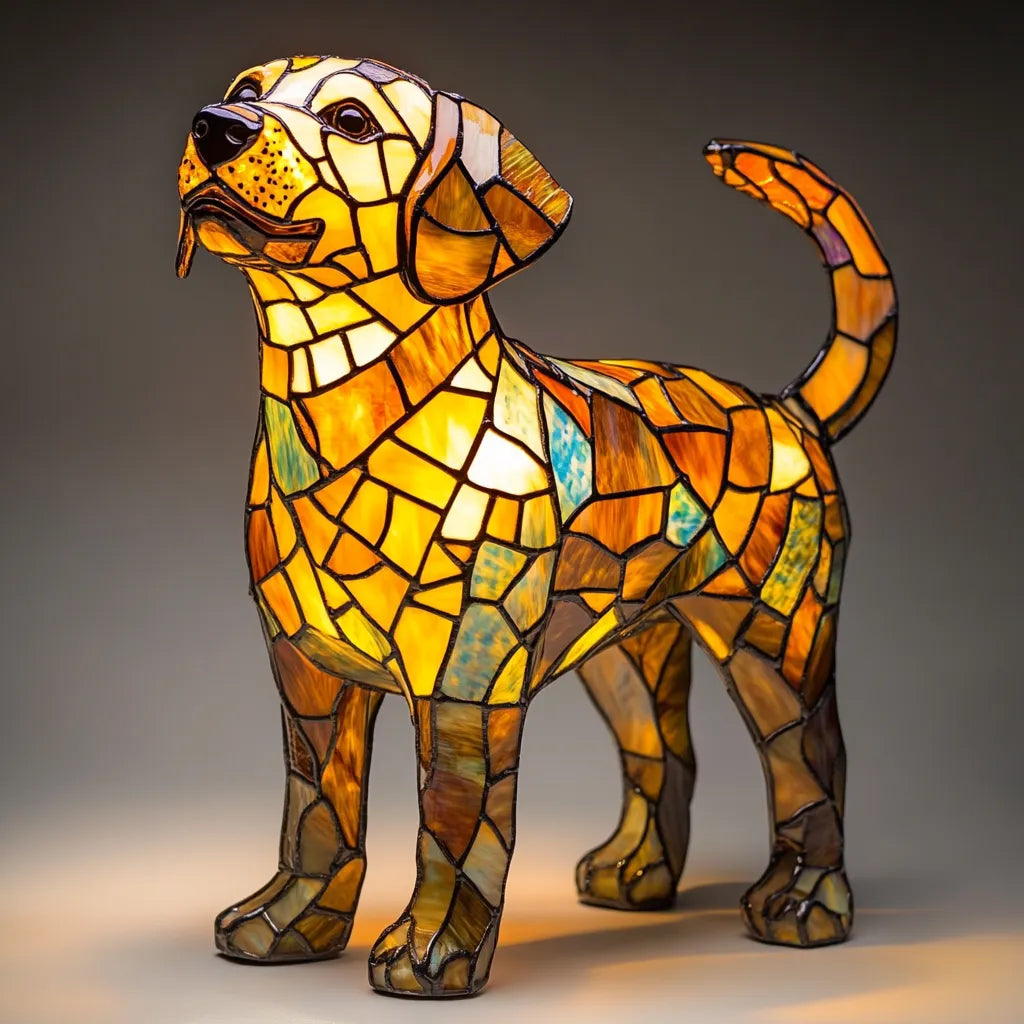 Stained glass look dog table lamp with multicolour mosaic