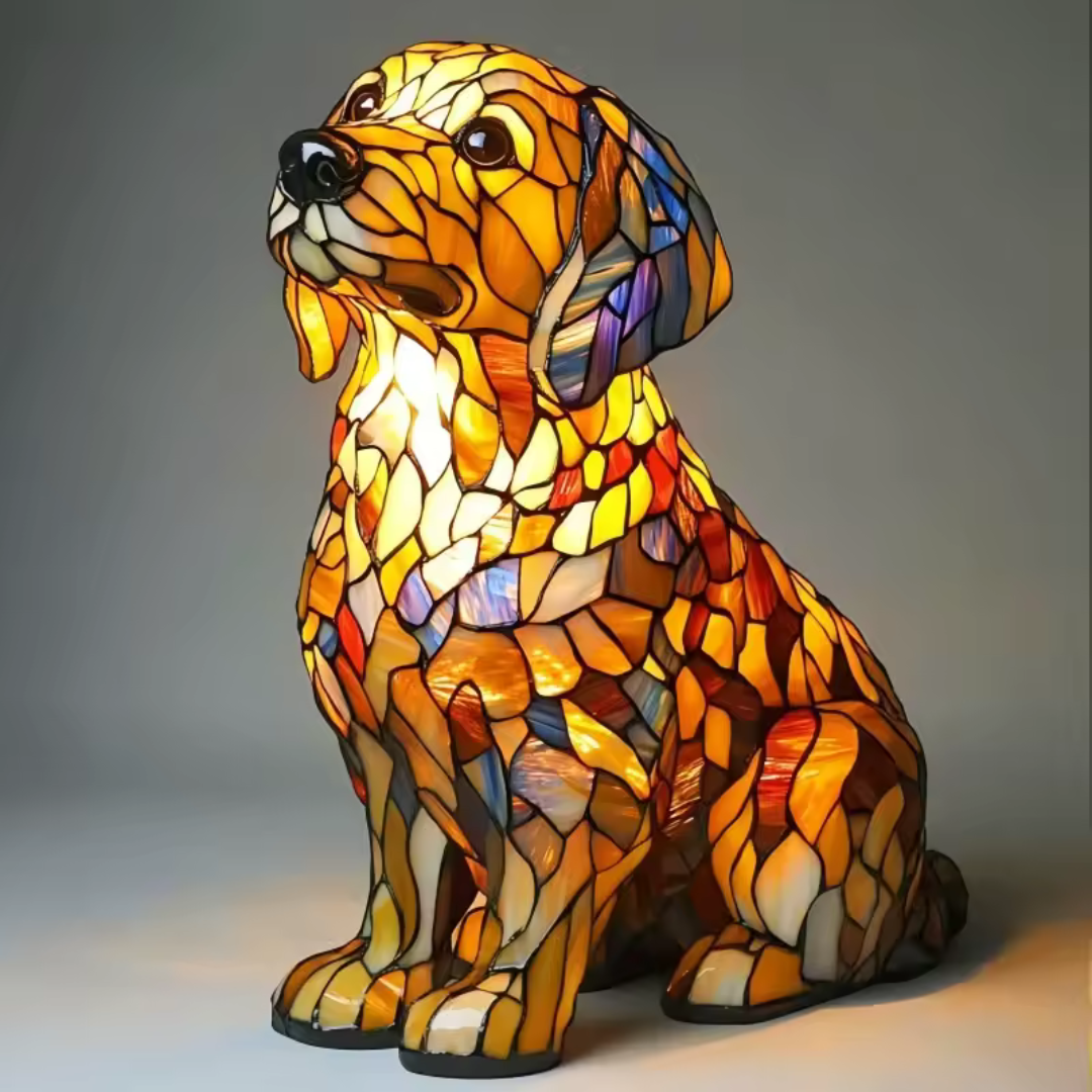 Stained glass look dog table lamp with multicolour mosaic