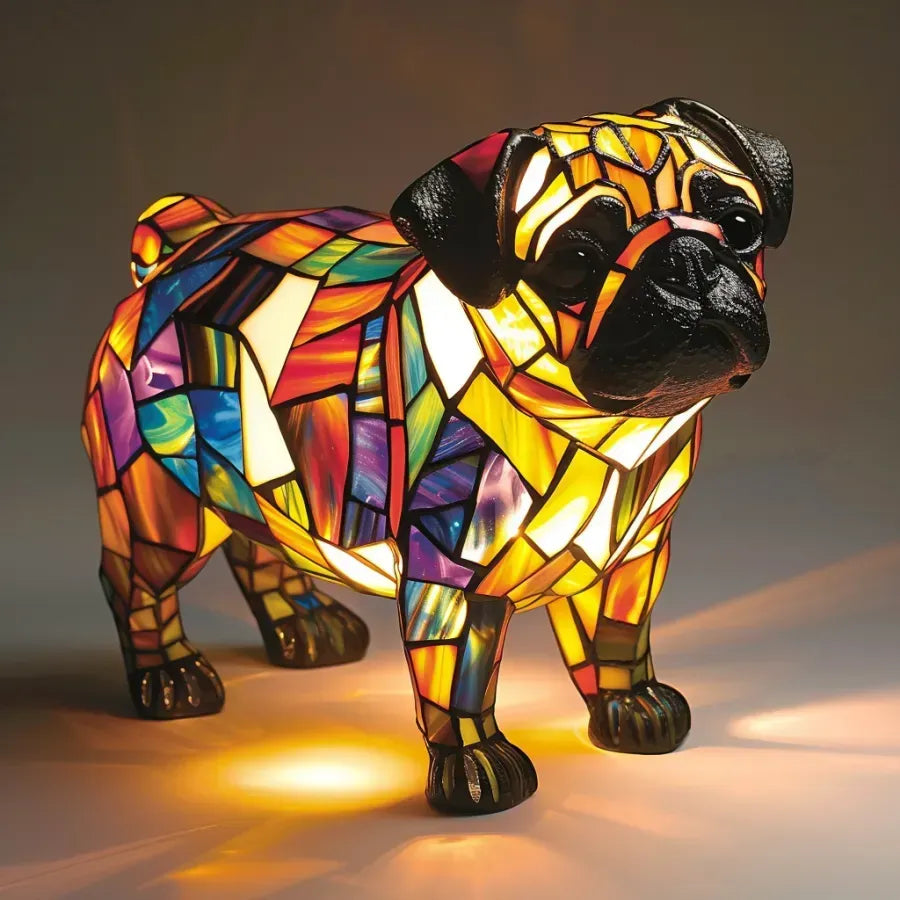 Stained glass look dog table lamp with multicolour mosaic