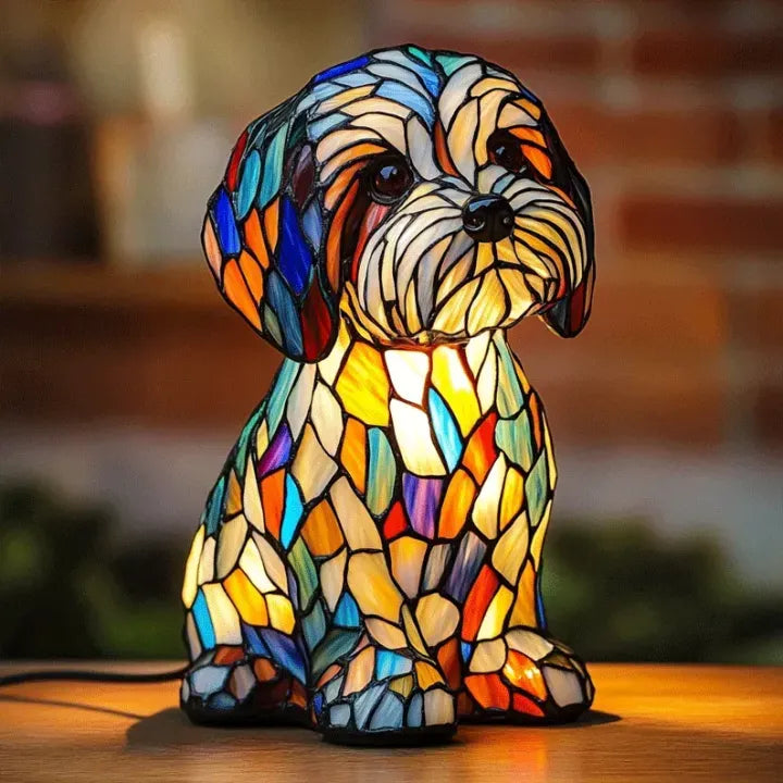 Stained glass look dog table lamp with multicolour mosaic