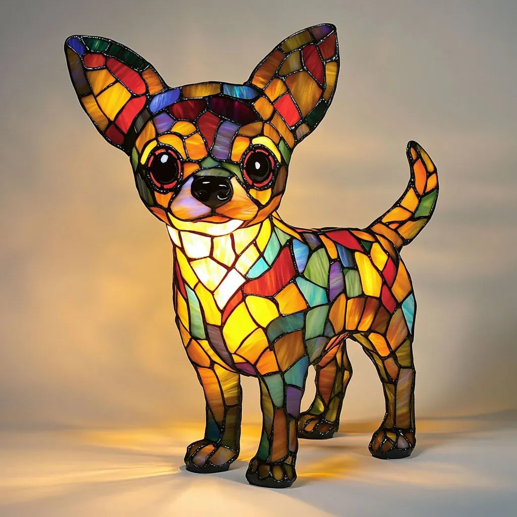 Stained glass look dog table lamp with multicolour mosaic