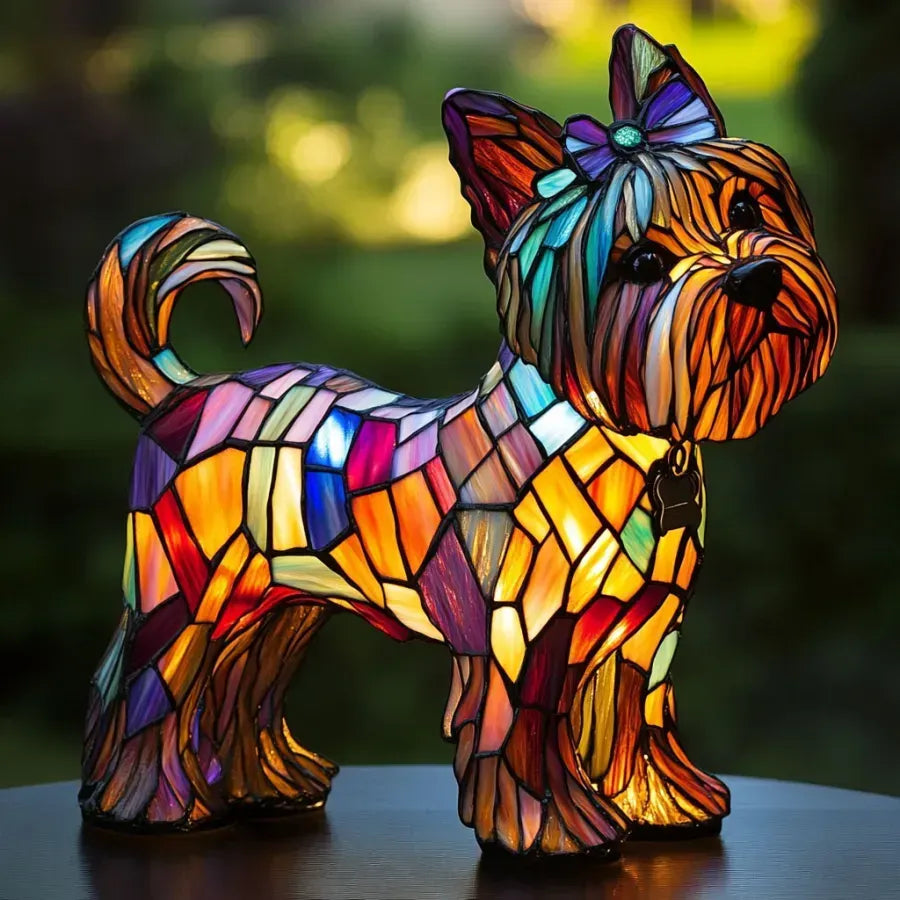 Stained glass look dog table lamp with multicolour mosaic