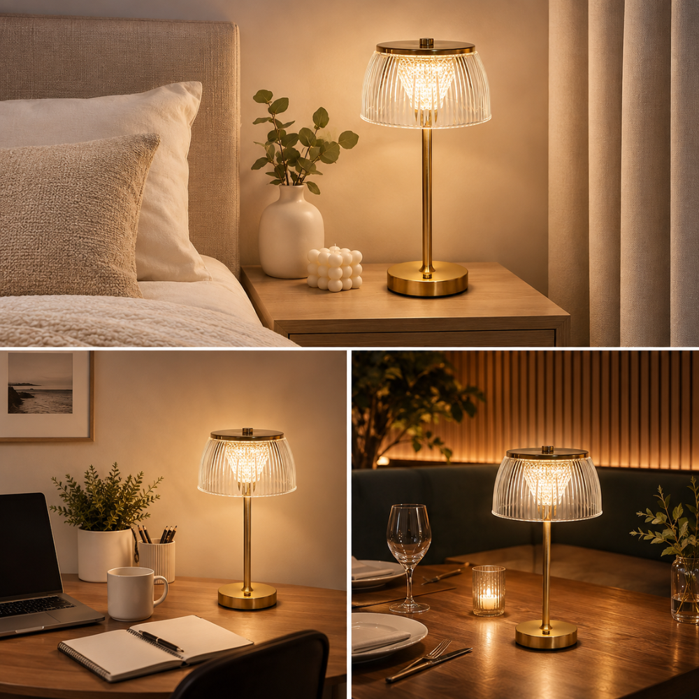 Rechargeable LED Glass Table Lamp with Ribbed Shade and Metal Base