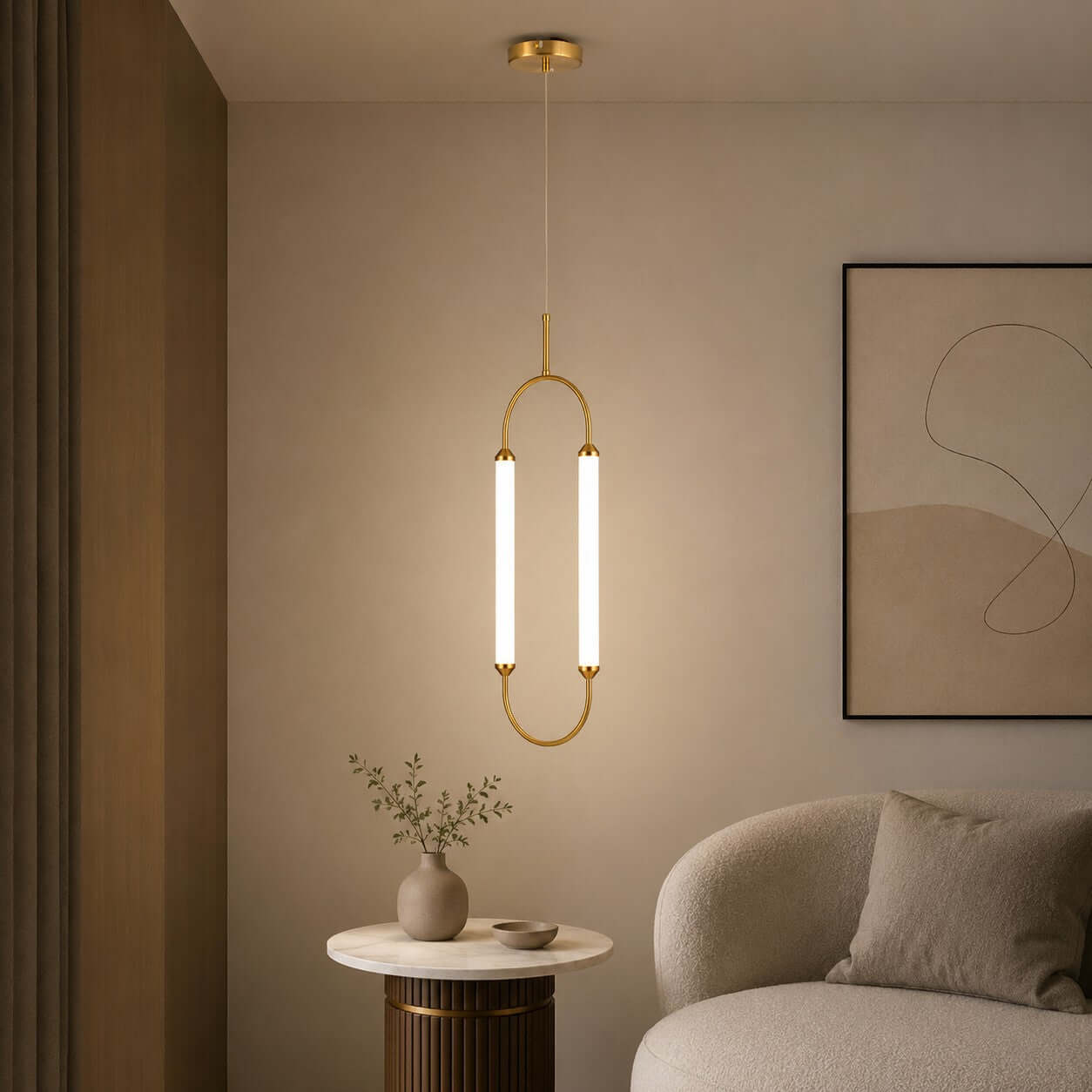 Moderne minimalistische ledkroonluchter met gebogen lijnen voor de woonkamer
