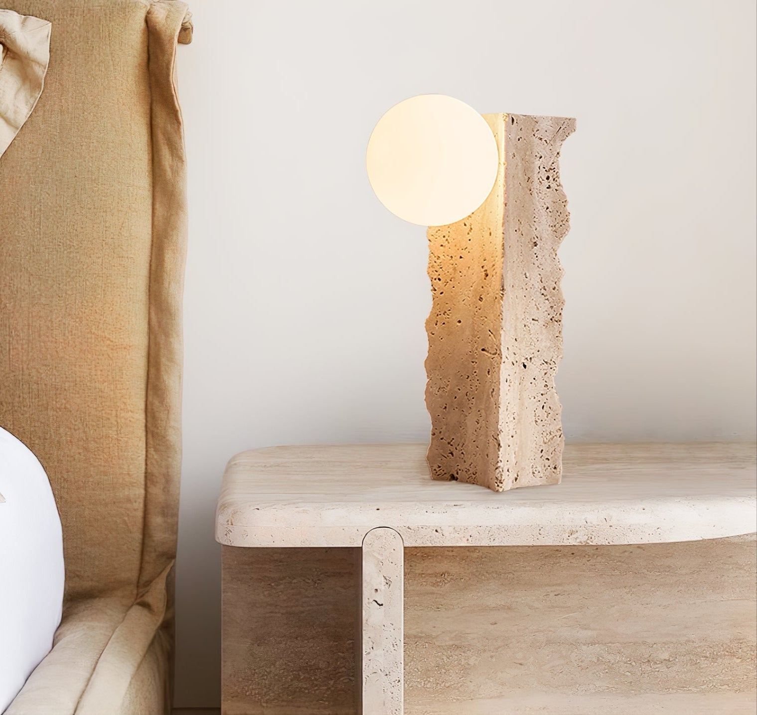 Table Lamp with Travertine Stone Base and Round Light