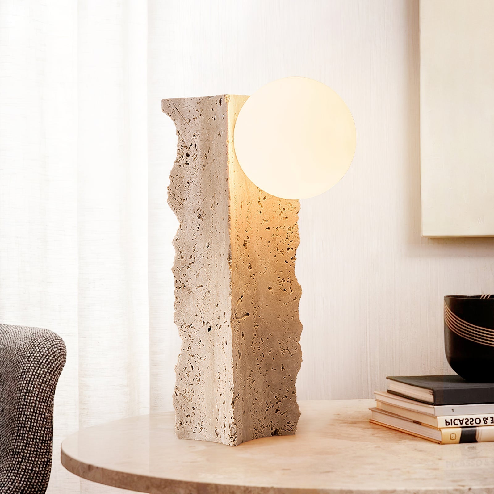 Table Lamp with Travertine Stone Base and Round Light