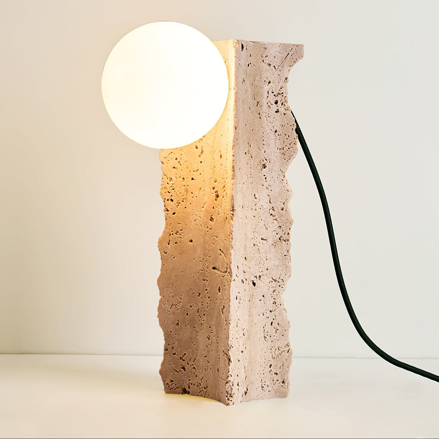 Table Lamp with Travertine Stone Base and Round Light