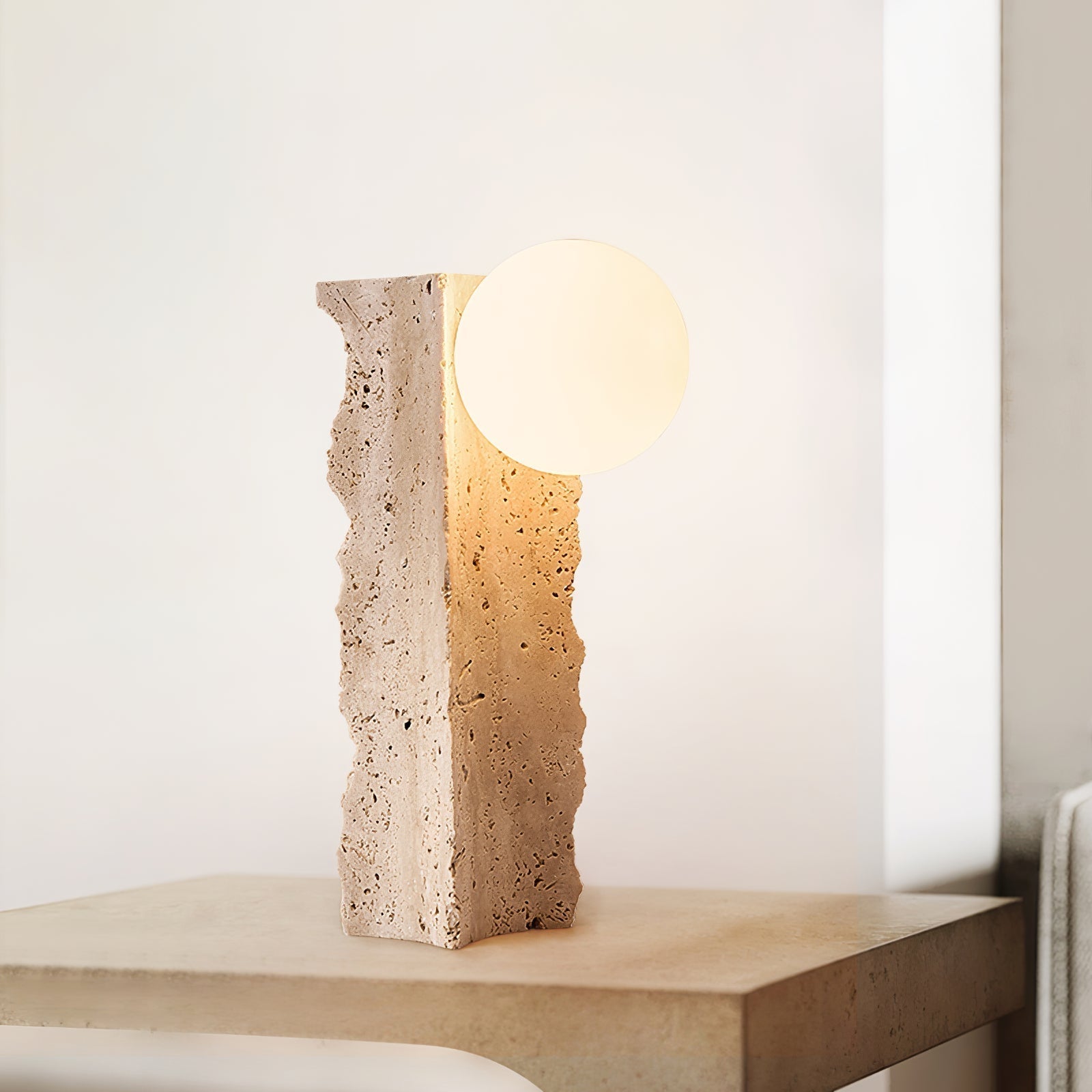 Table Lamp with Travertine Stone Base and Round Light