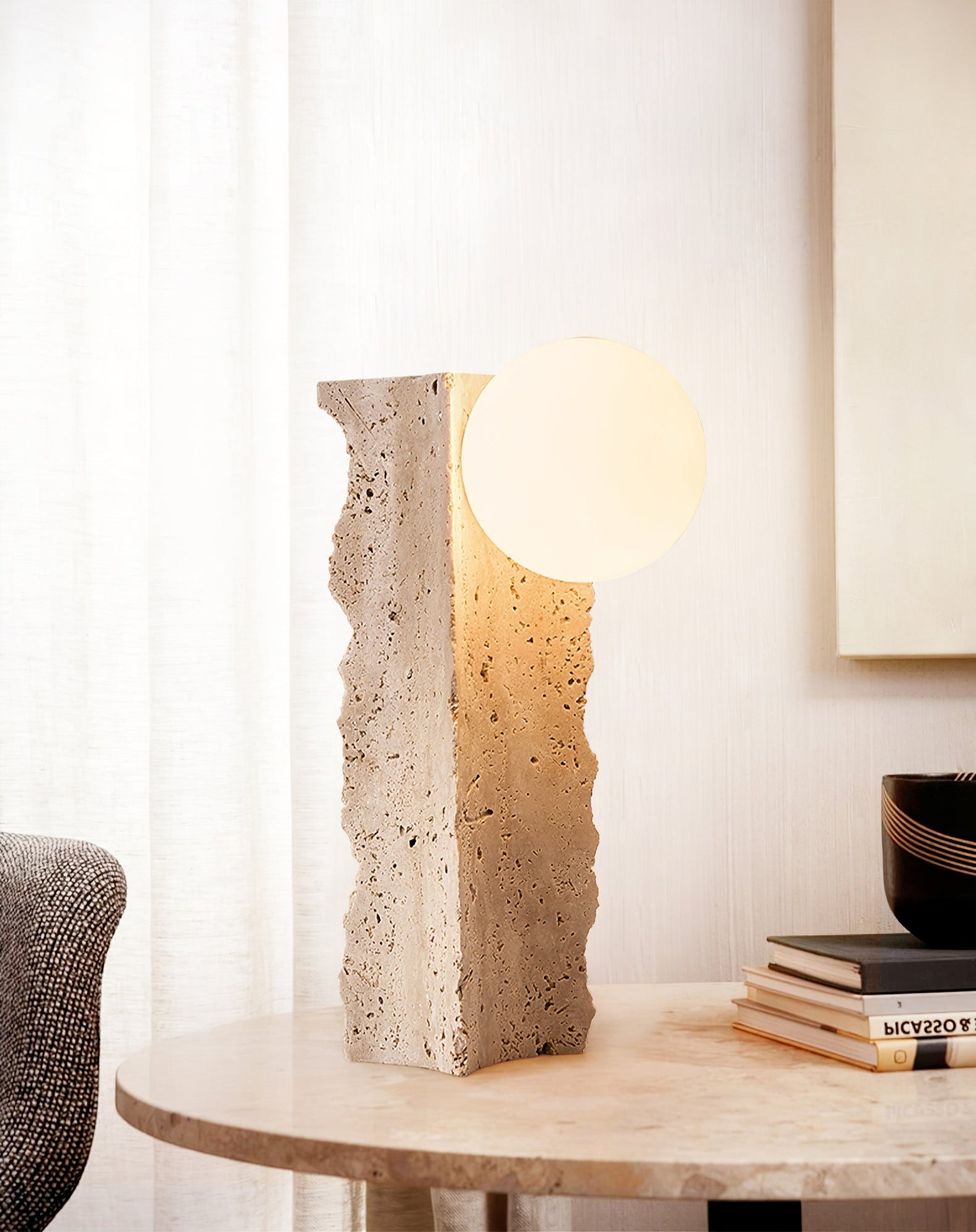 Table Lamp with Travertine Stone Base and Round Light