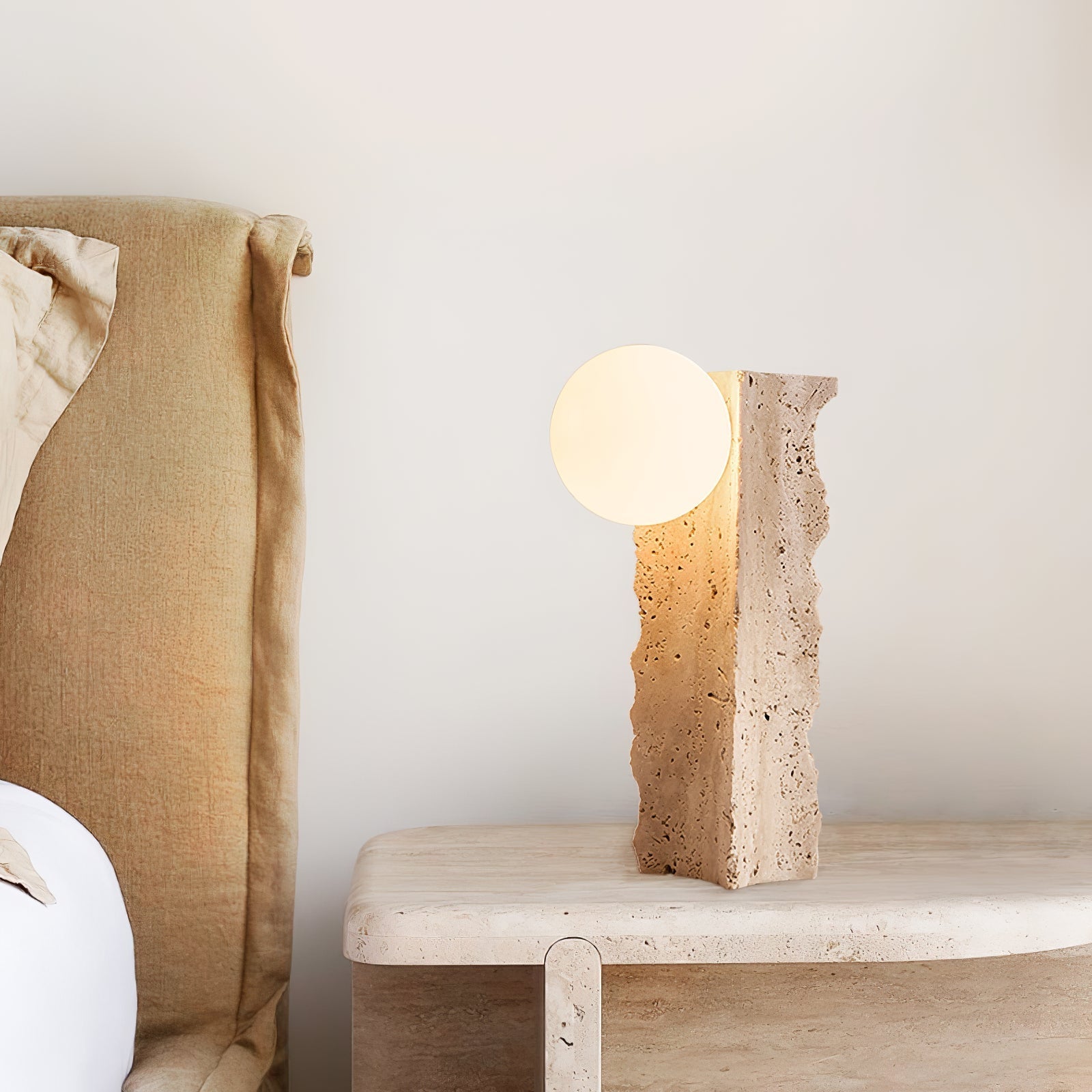 Table Lamp with Travertine Stone Base and Round Light