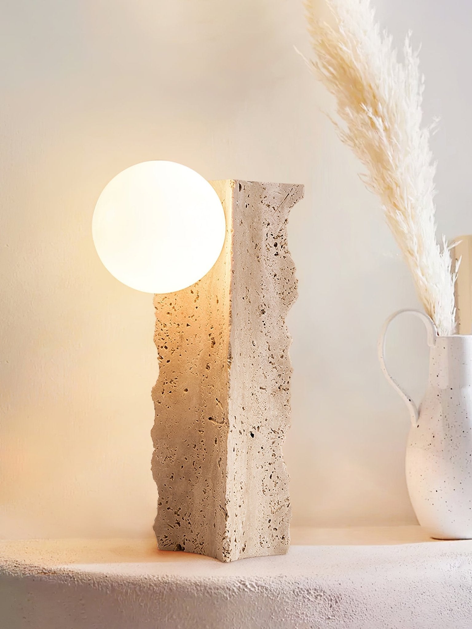Table Lamp with Travertine Stone Base and Round Light