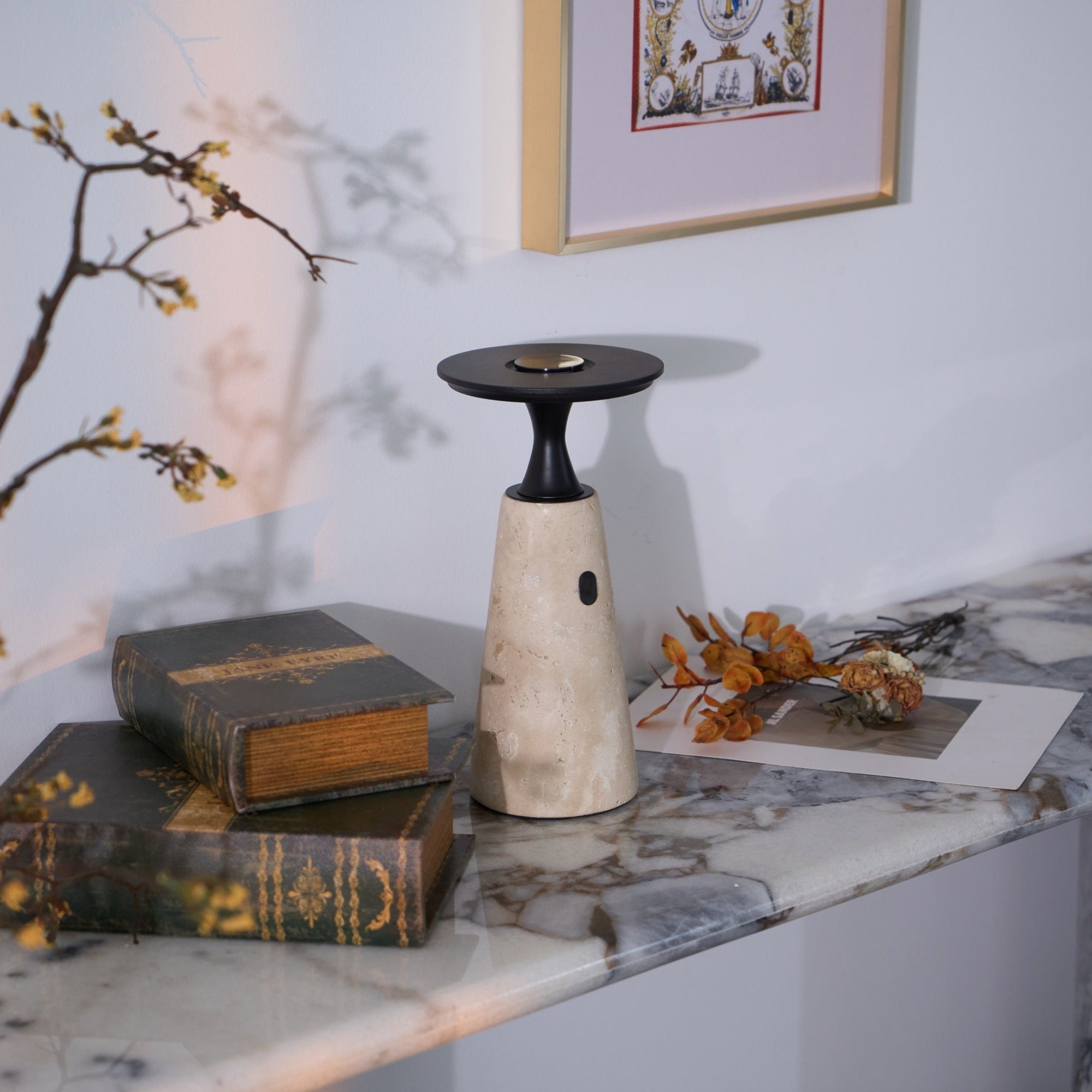Table Lamp with Travertine Stone Base and Flat Metal Shade