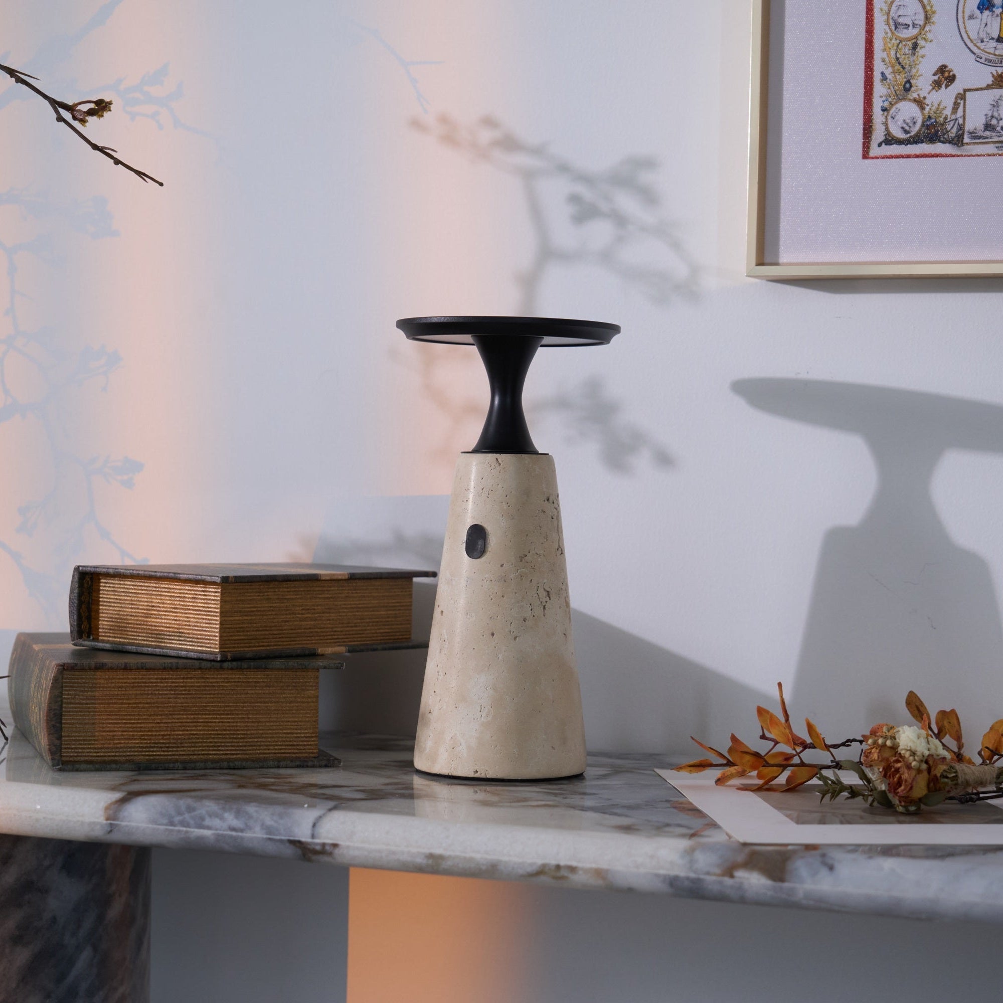 Table Lamp with Travertine Stone Base and Flat Metal Shade