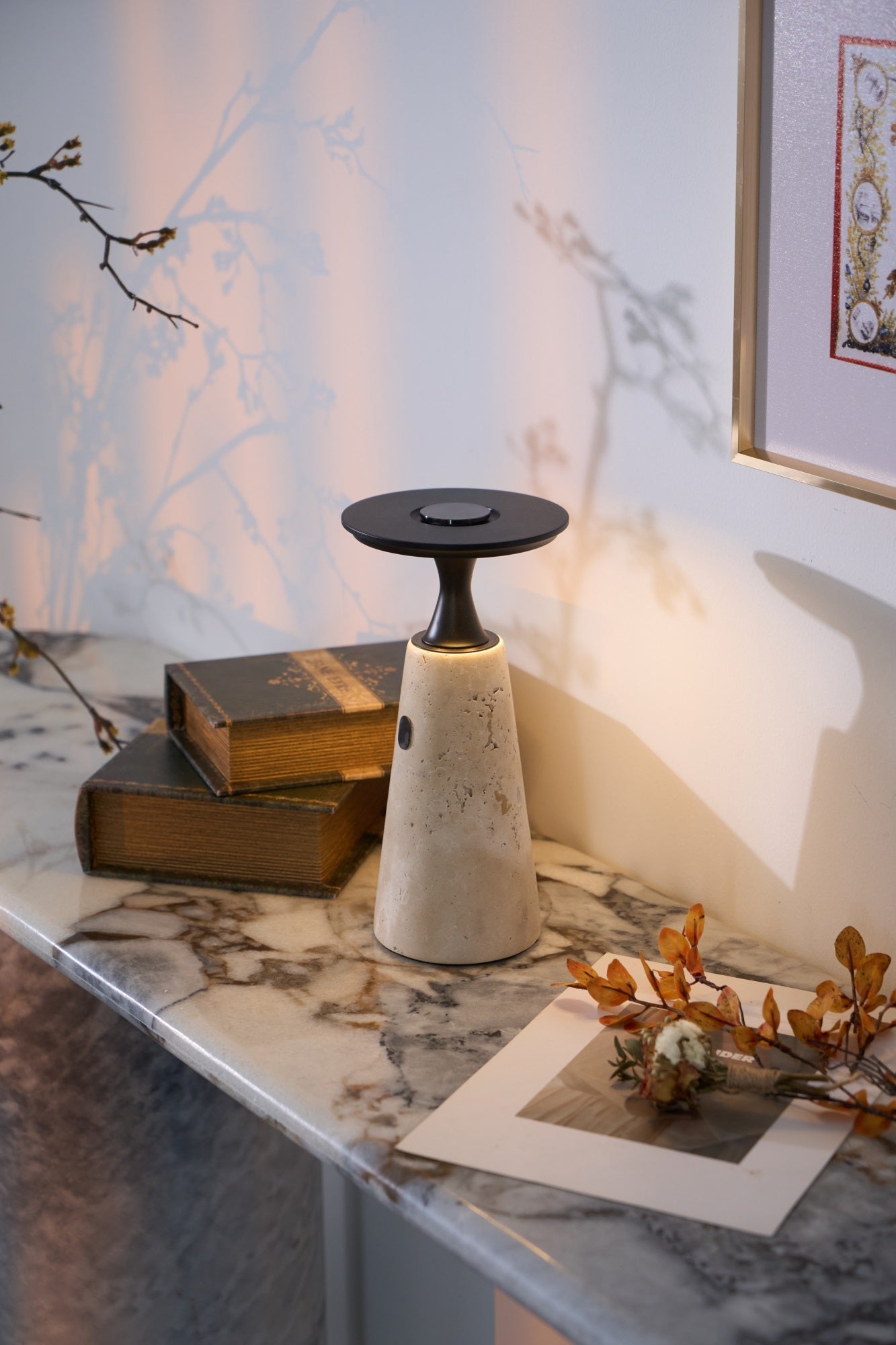 Table Lamp with Travertine Stone Base and Flat Metal Shade
