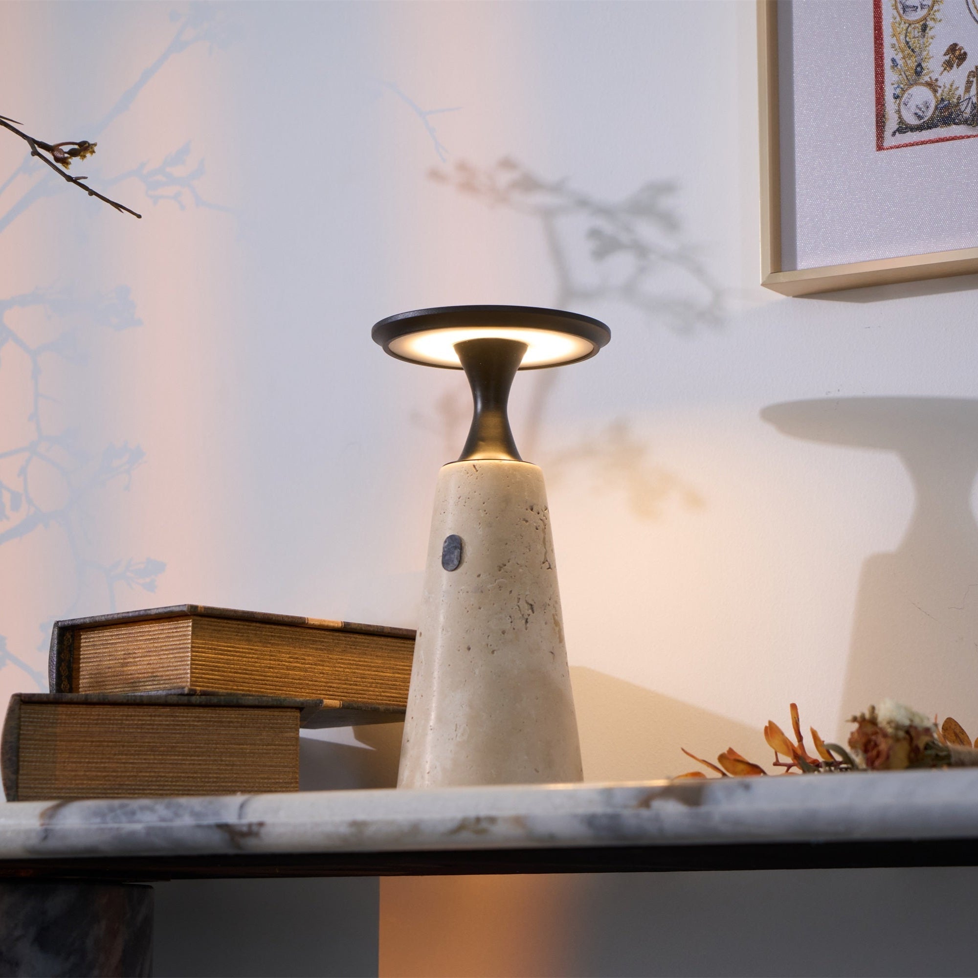 Table Lamp with Travertine Stone Base and Flat Metal Shade