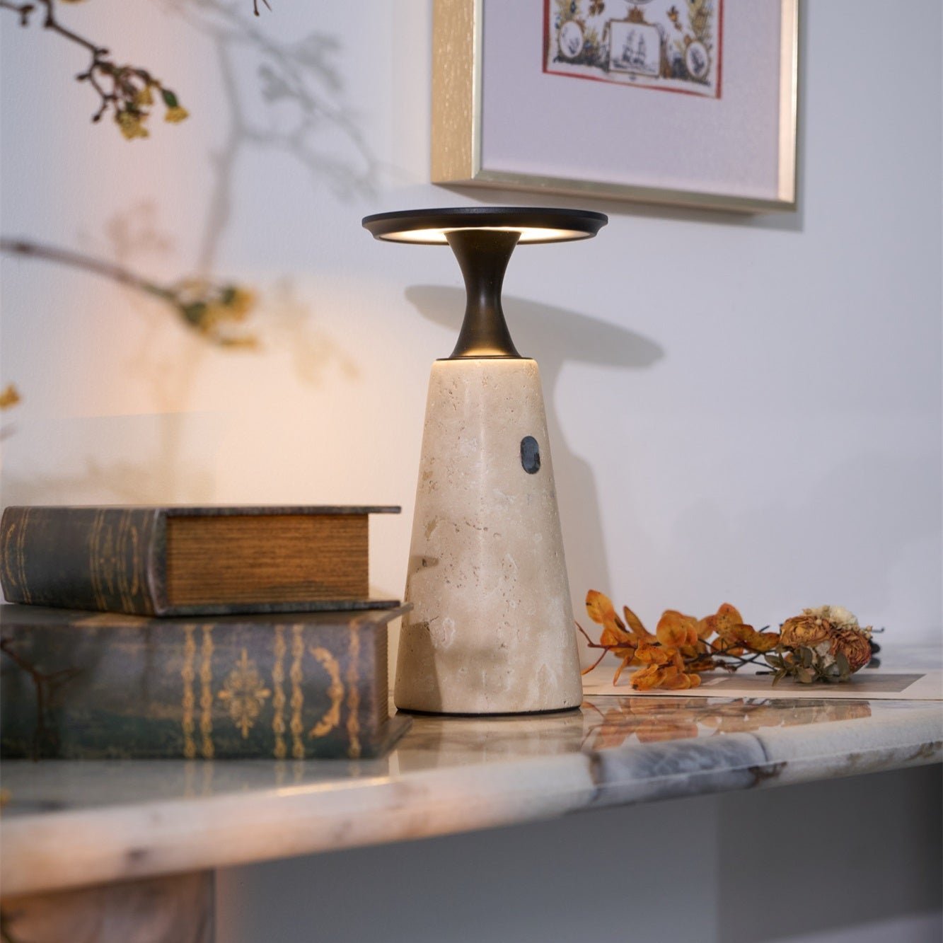 Table Lamp with Travertine Stone Base and Flat Metal Shade