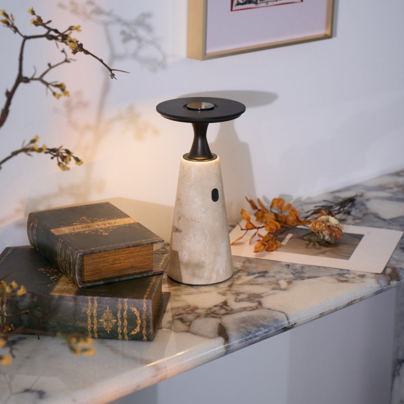 Table Lamp with Travertine Stone Base and Flat Metal Shade