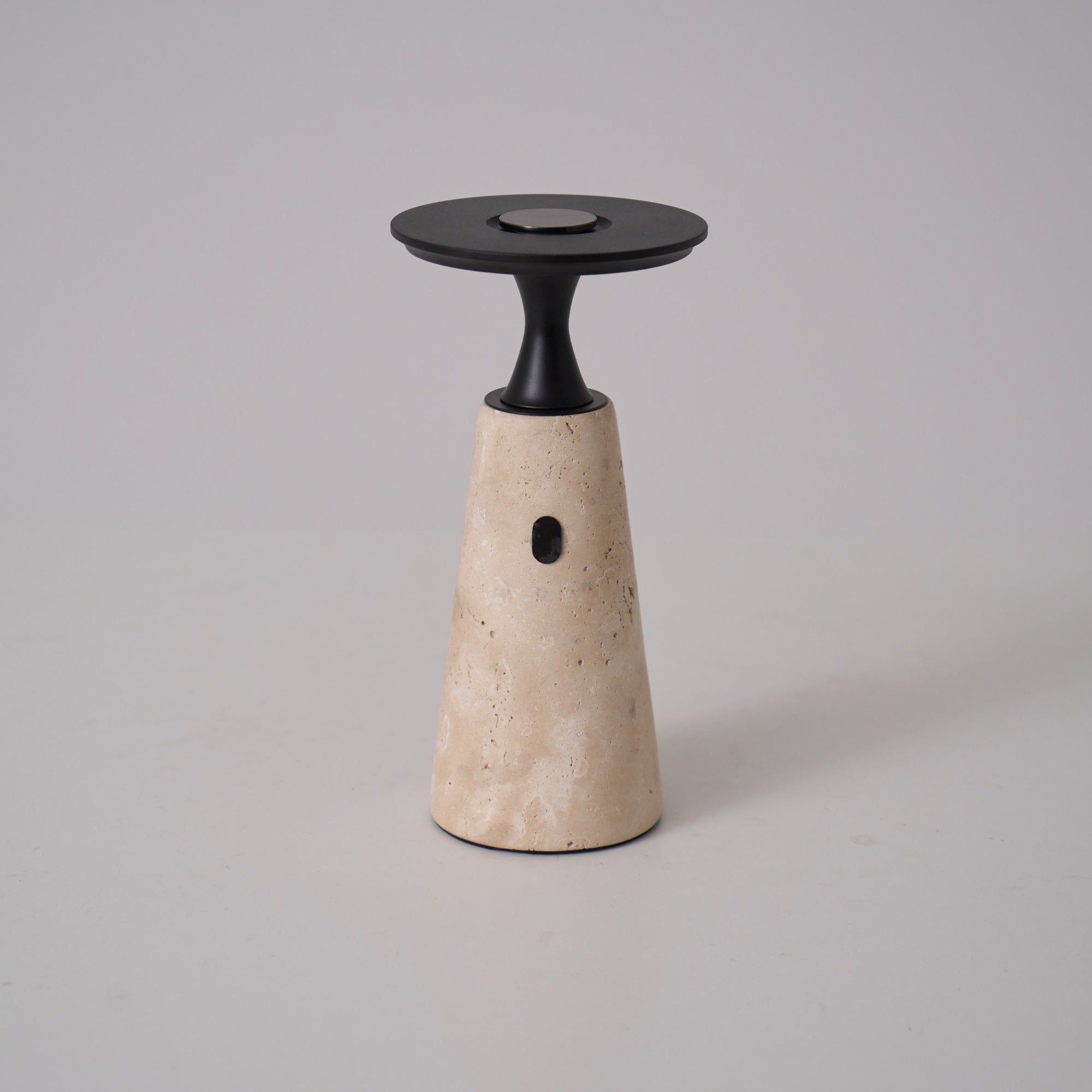 Table Lamp with Travertine Stone Base and Flat Metal Shade