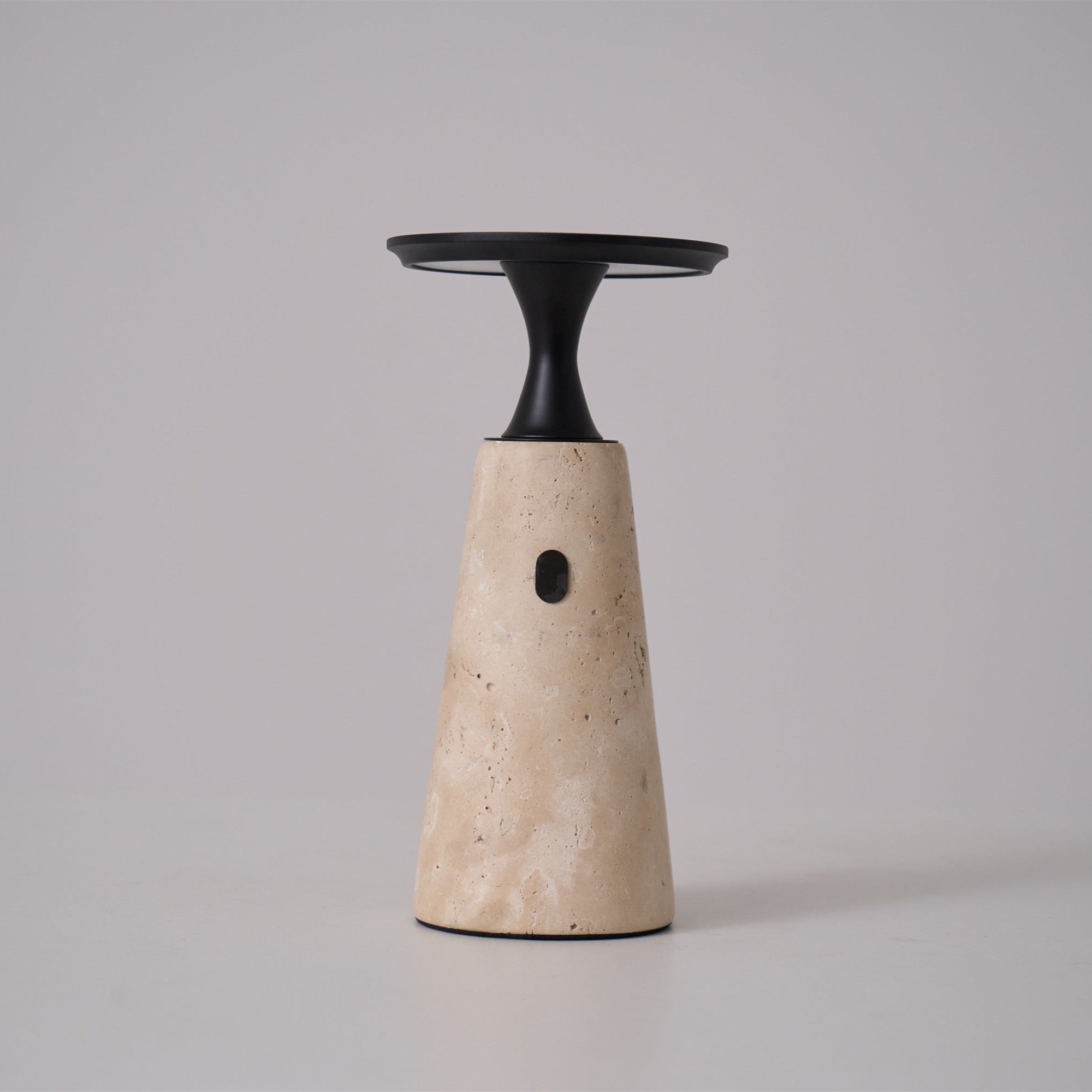 Table Lamp with Travertine Stone Base and Flat Metal Shade