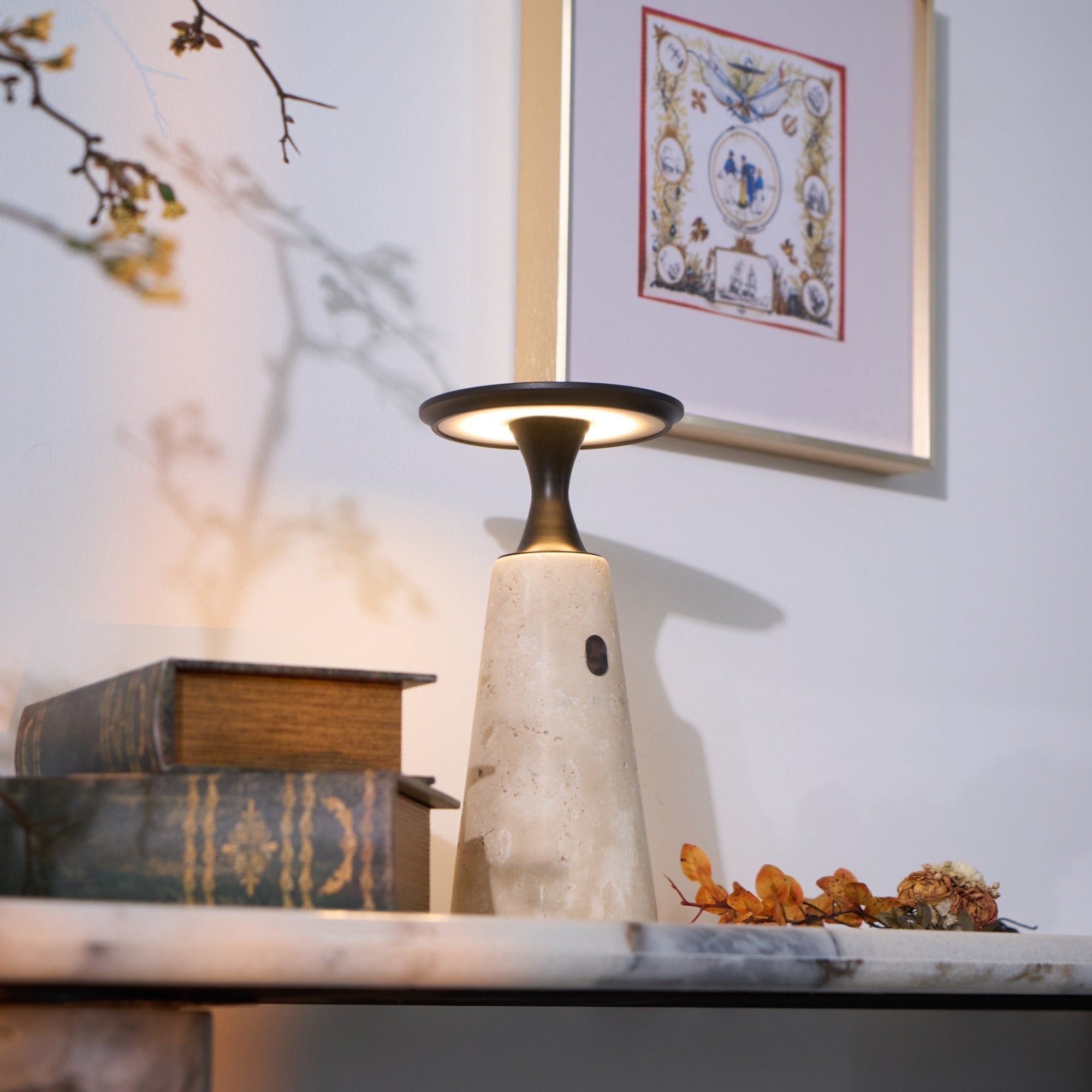 Table Lamp with Travertine Stone Base and Flat Metal Shade