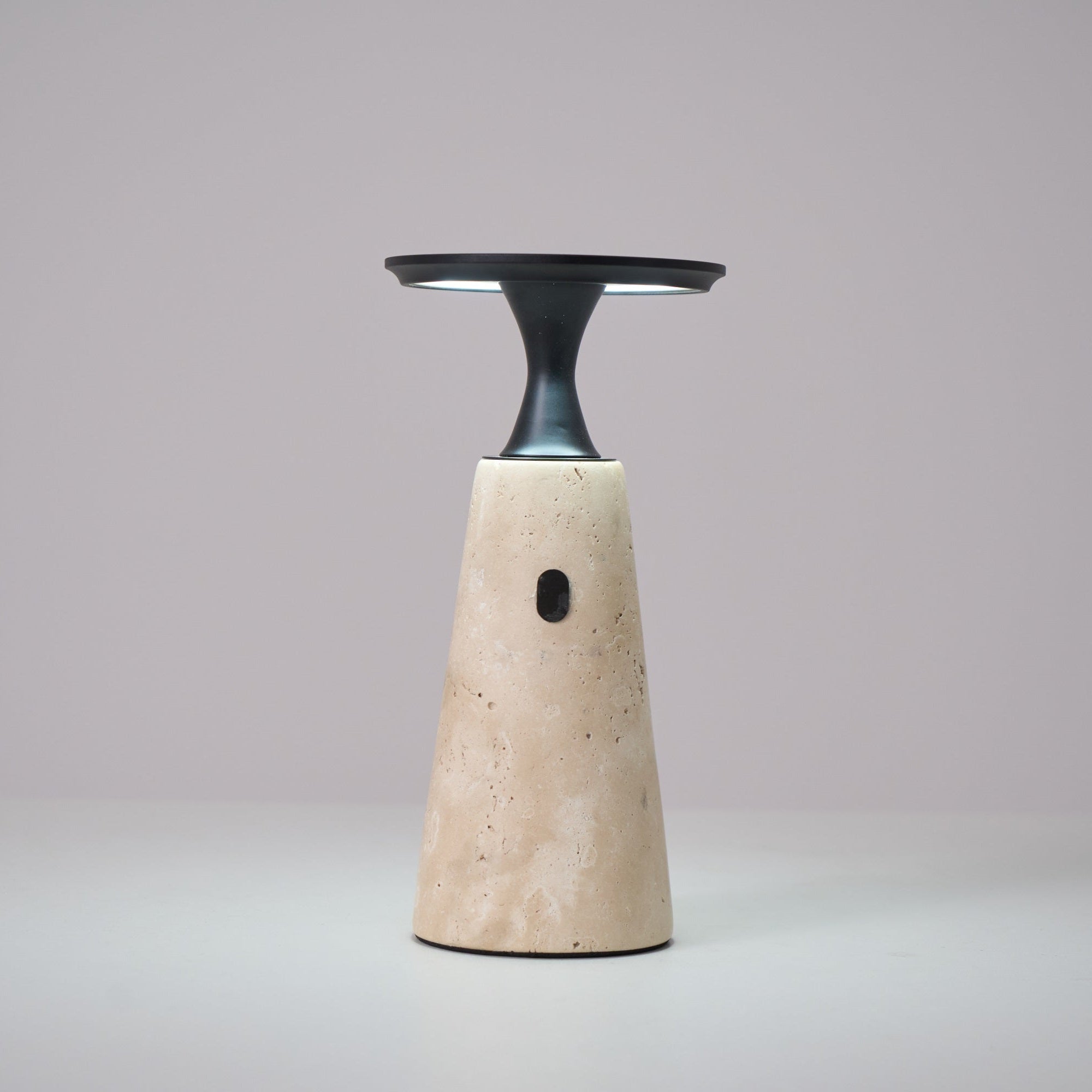 Table Lamp with Travertine Stone Base and Flat Metal Shade