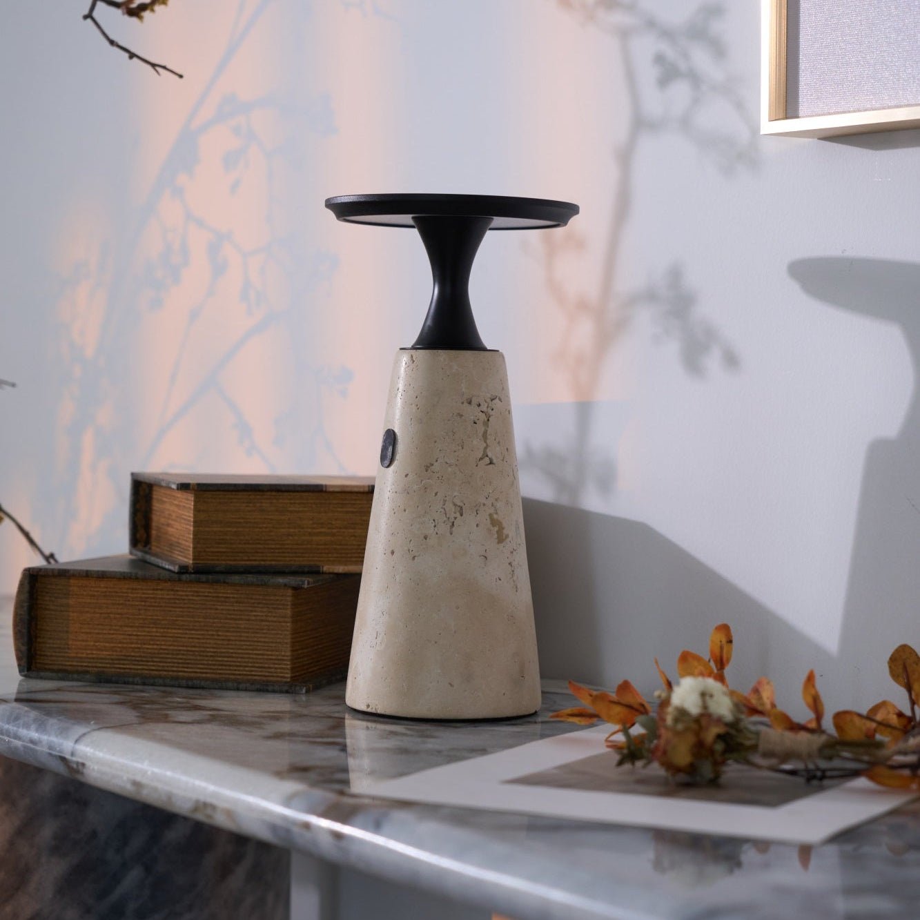 Table Lamp with Travertine Stone Base and Flat Metal Shade