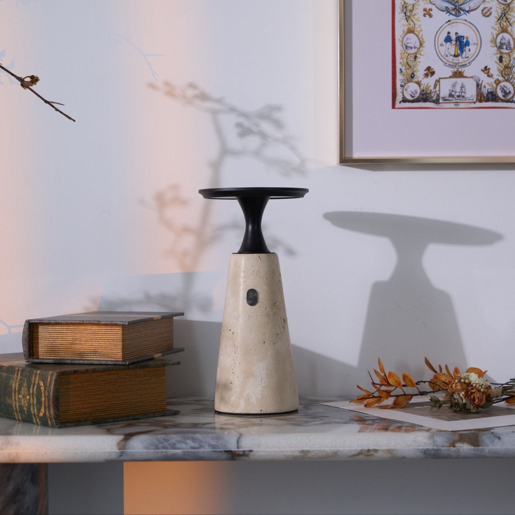 Table Lamp with Travertine Stone Base and Flat Metal Shade