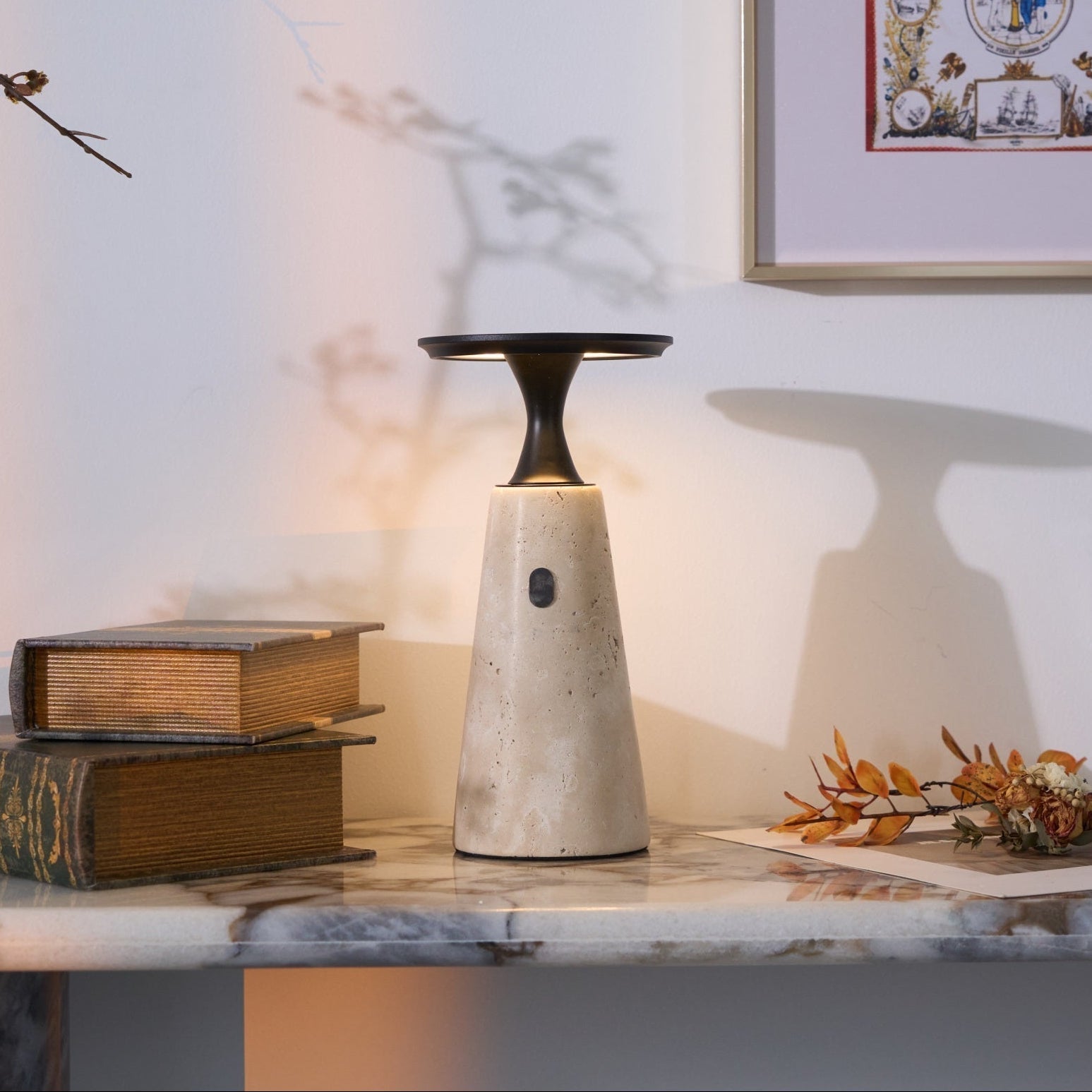 Table Lamp with Travertine Stone Base and Flat Metal Shade