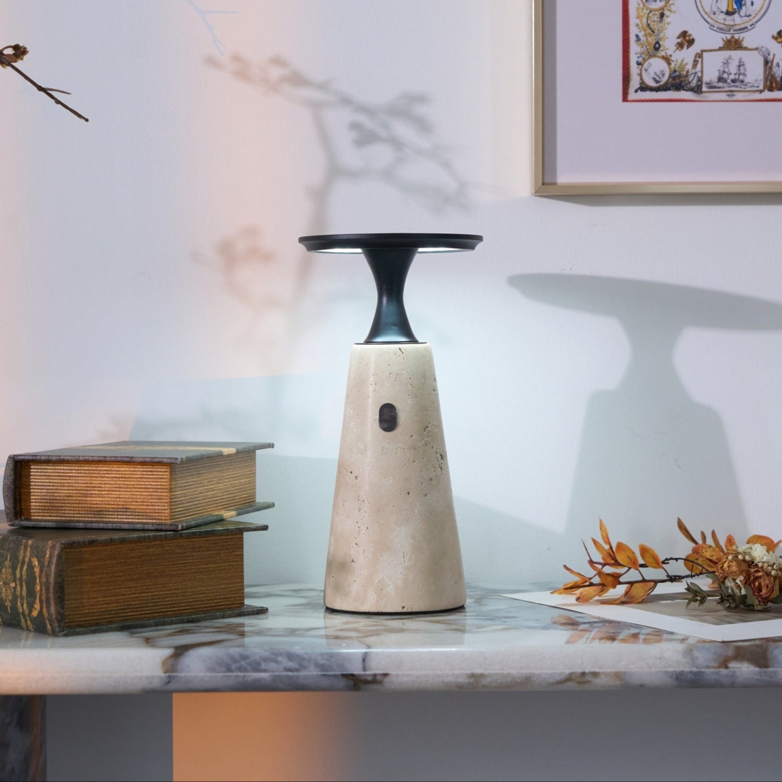 Table Lamp with Travertine Stone Base and Flat Metal Shade