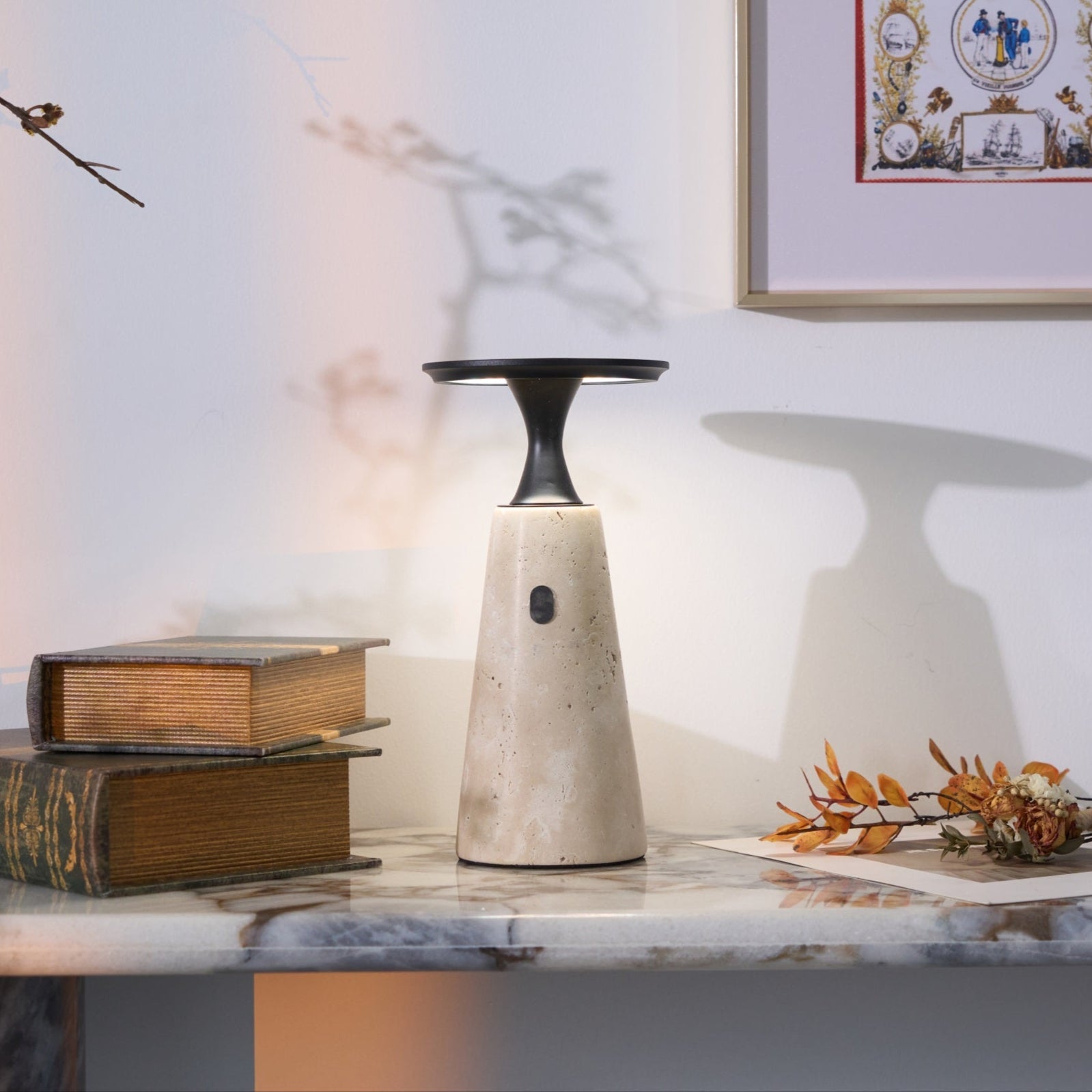 Table Lamp with Travertine Stone Base and Flat Metal Shade