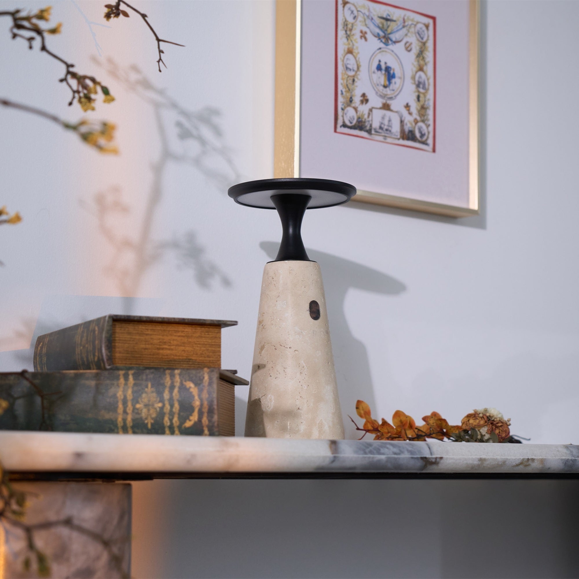 Table Lamp with Travertine Stone Base and Flat Metal Shade