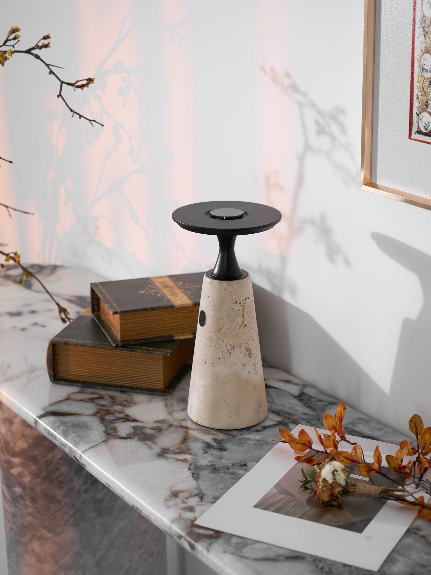 Table Lamp with Travertine Stone Base and Flat Metal Shade