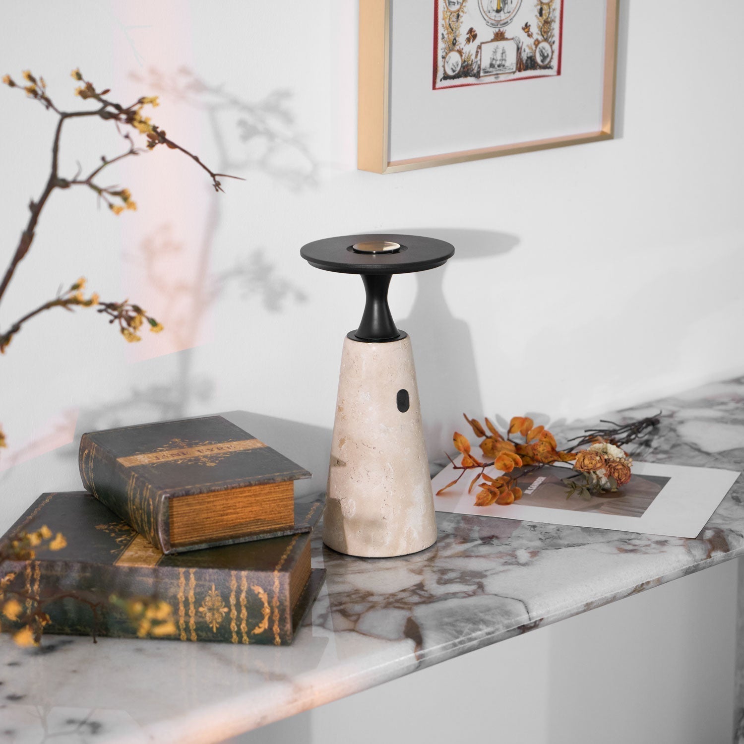 Table Lamp with Travertine Stone Base and Flat Metal Shade