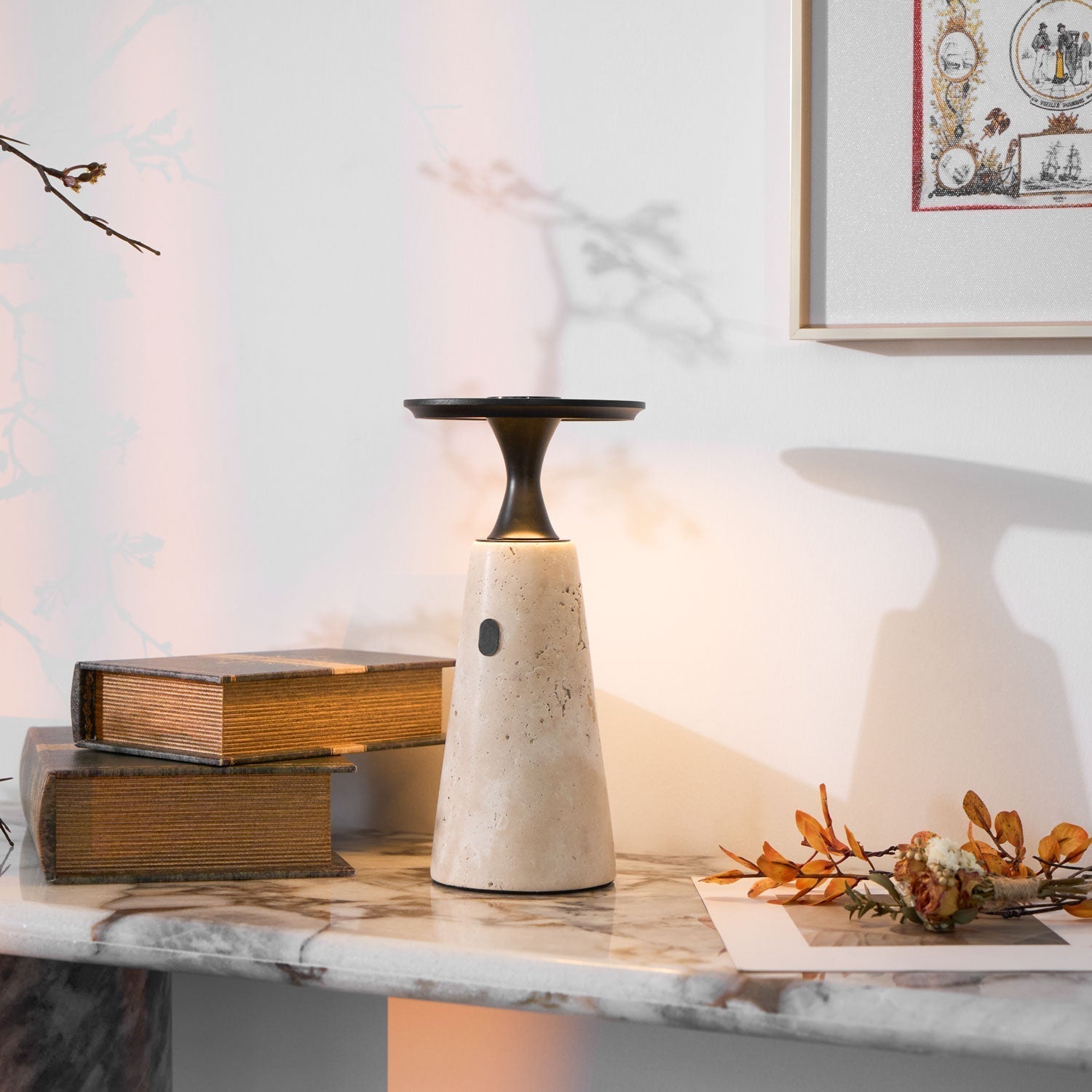 Table Lamp with Travertine Stone Base and Flat Metal Shade