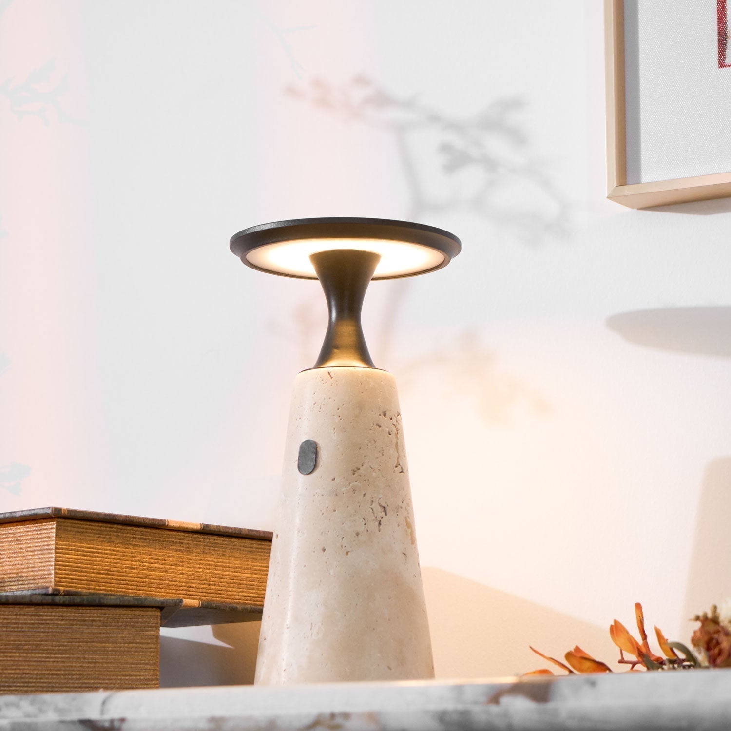 Table Lamp with Travertine Stone Base and Flat Metal Shade