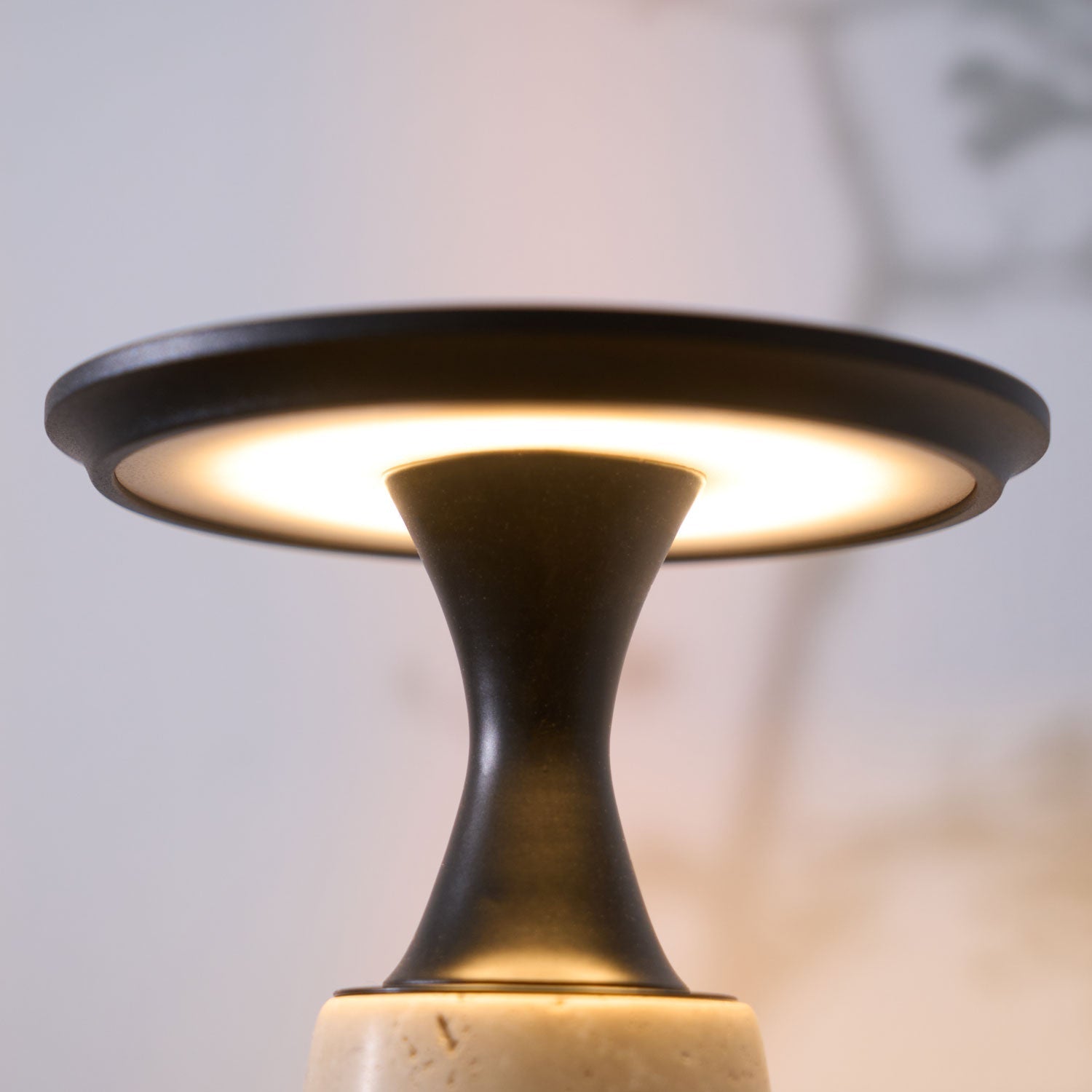 Table Lamp with Travertine Stone Base and Flat Metal Shade