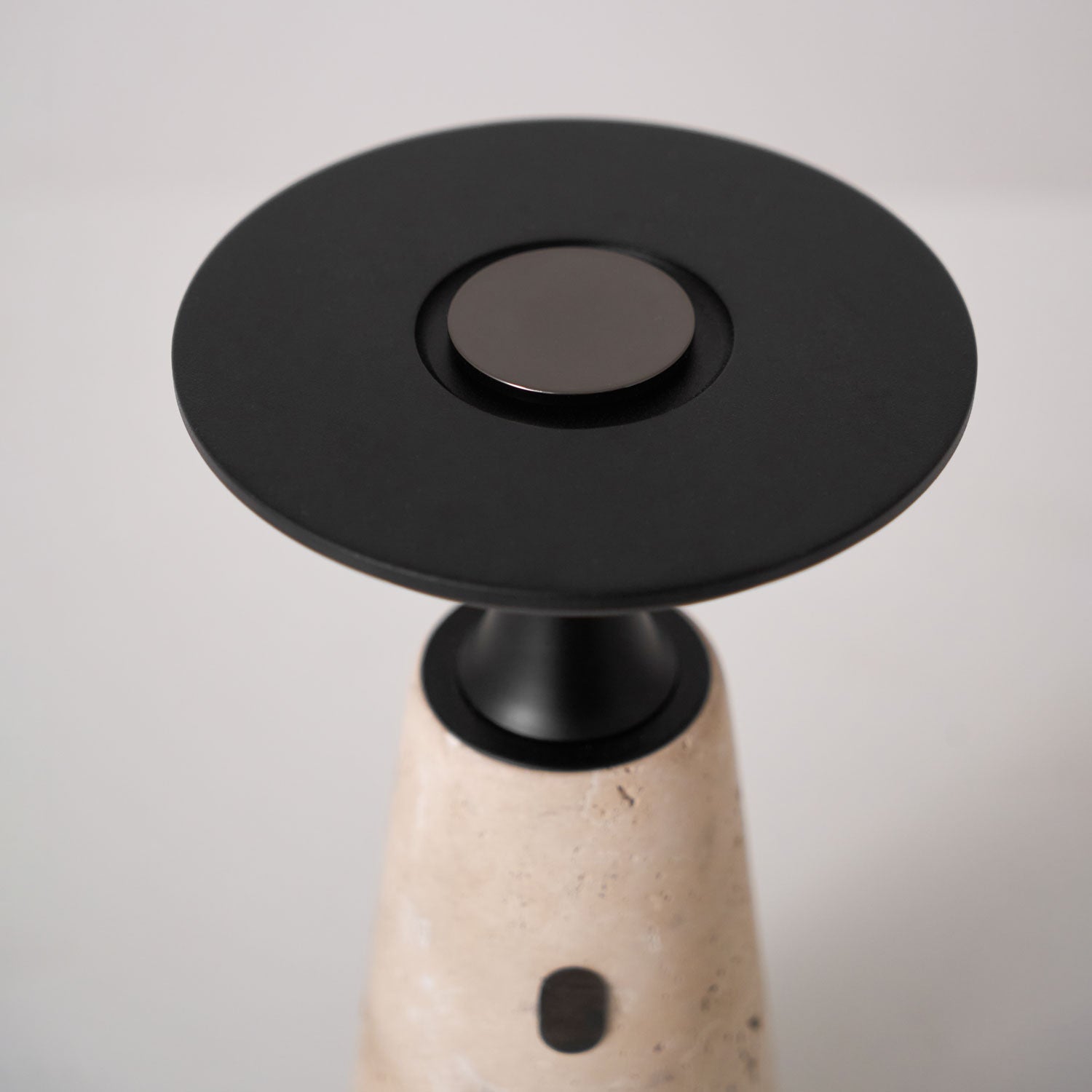 Table Lamp with Travertine Stone Base and Flat Metal Shade