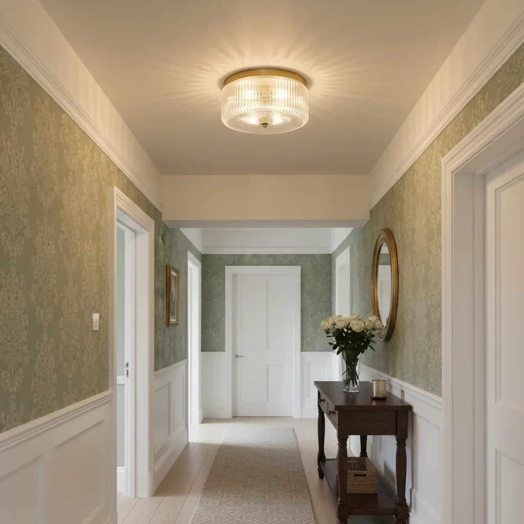 Round Ribbed Glass Ceiling Light with Gold Finish