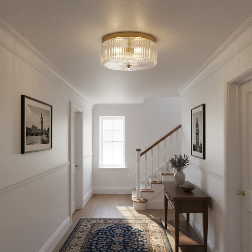 Round Ribbed Glass Ceiling Light with Gold Finish