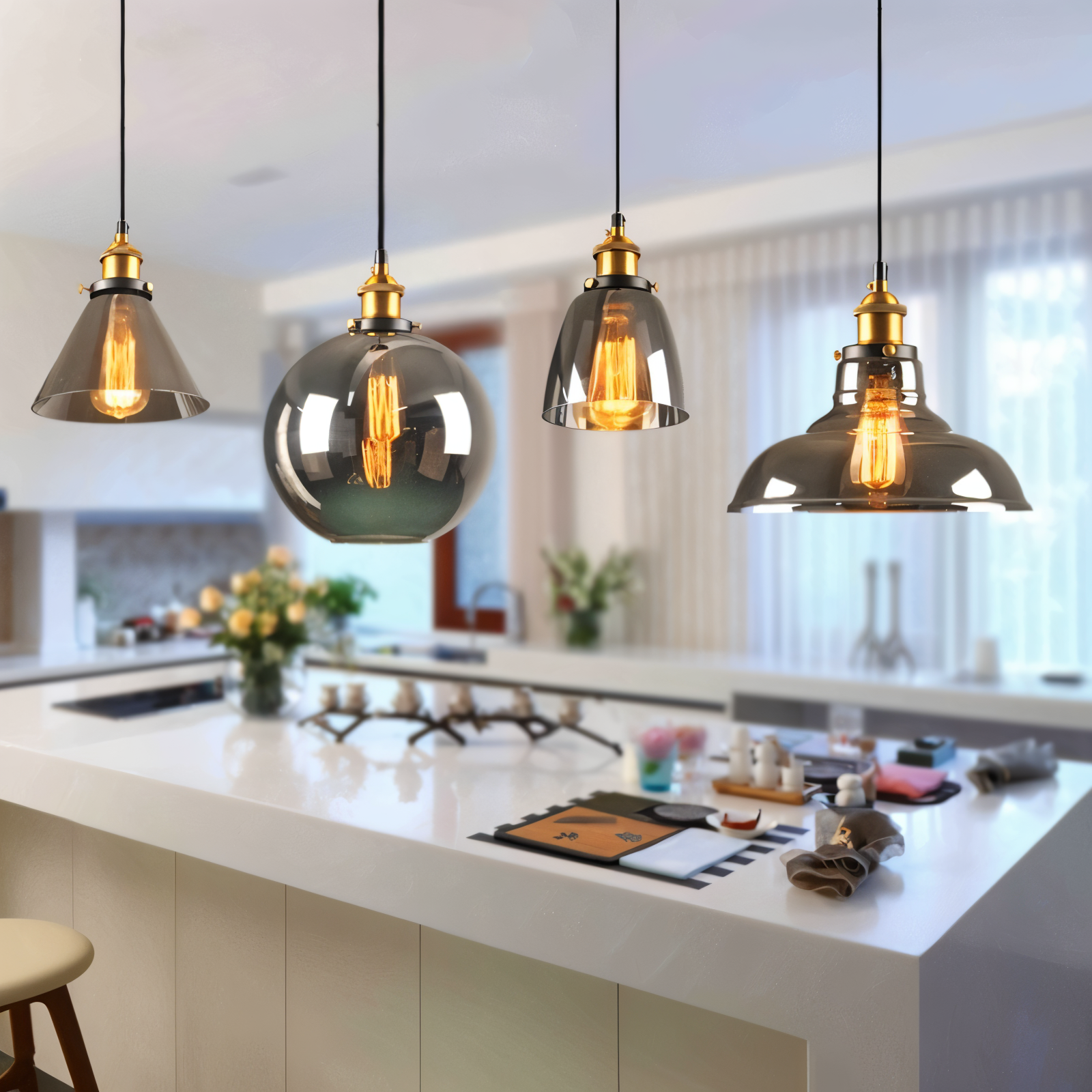 Tinted glass hanging pendant light with brass fitting